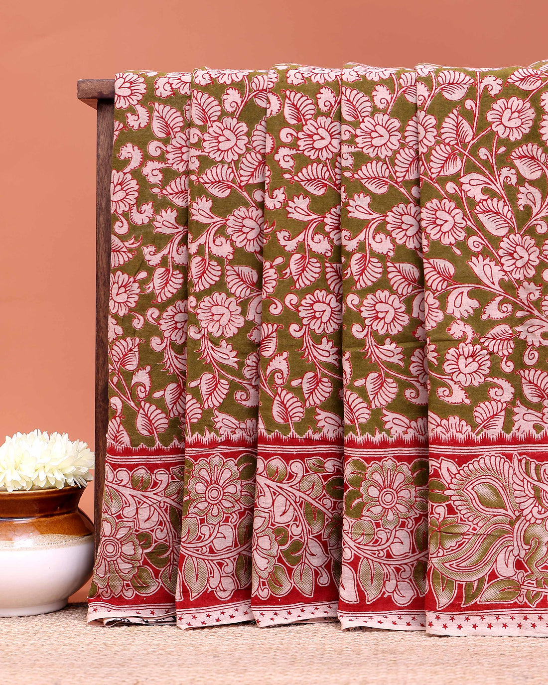 Traditional Kalamkari Block Printed Cotton Saree Delicate Floral Patterns - Green