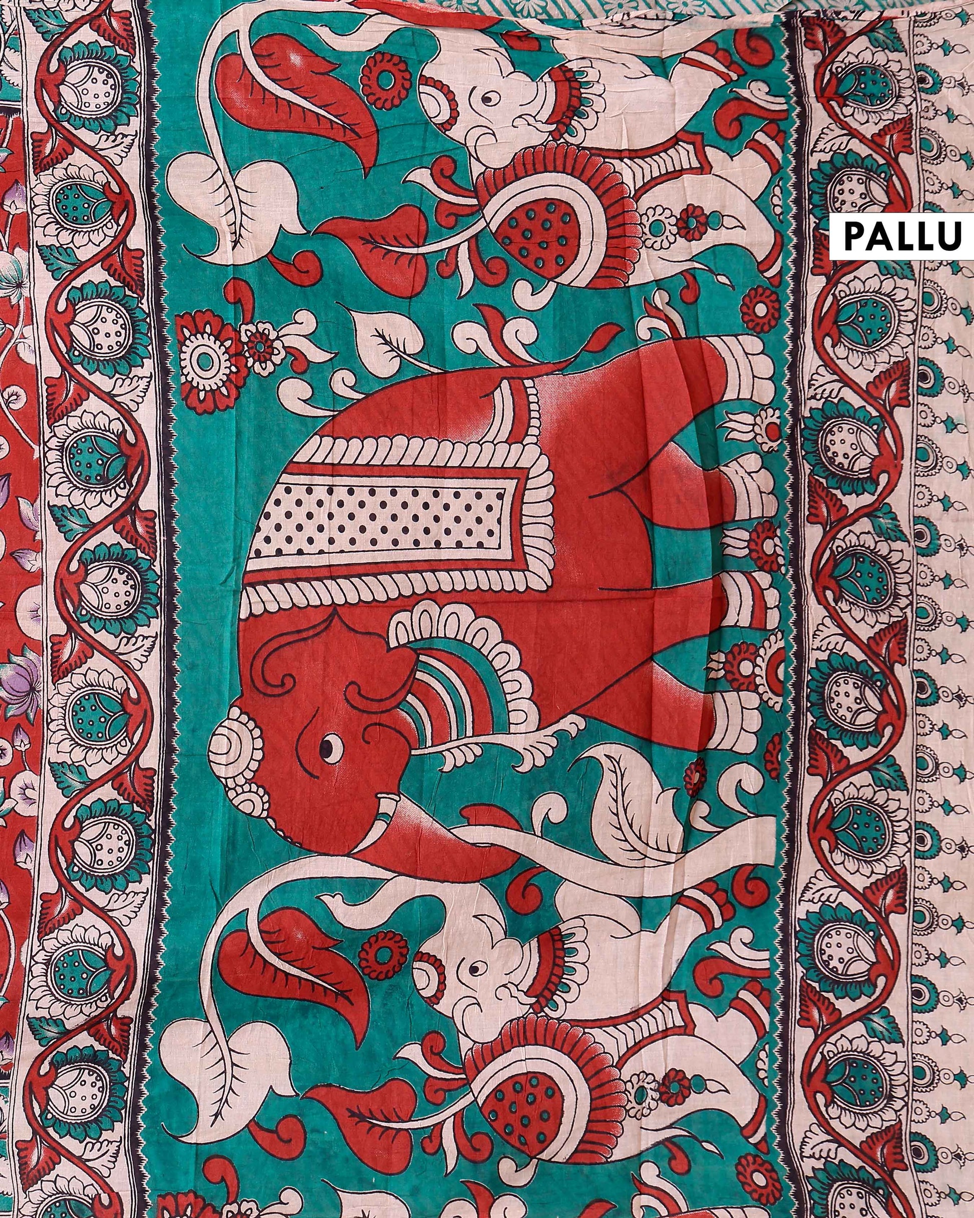 Traditional Kalamkari Block Printed Saree Elegant Lotus Pattern - Red-head
