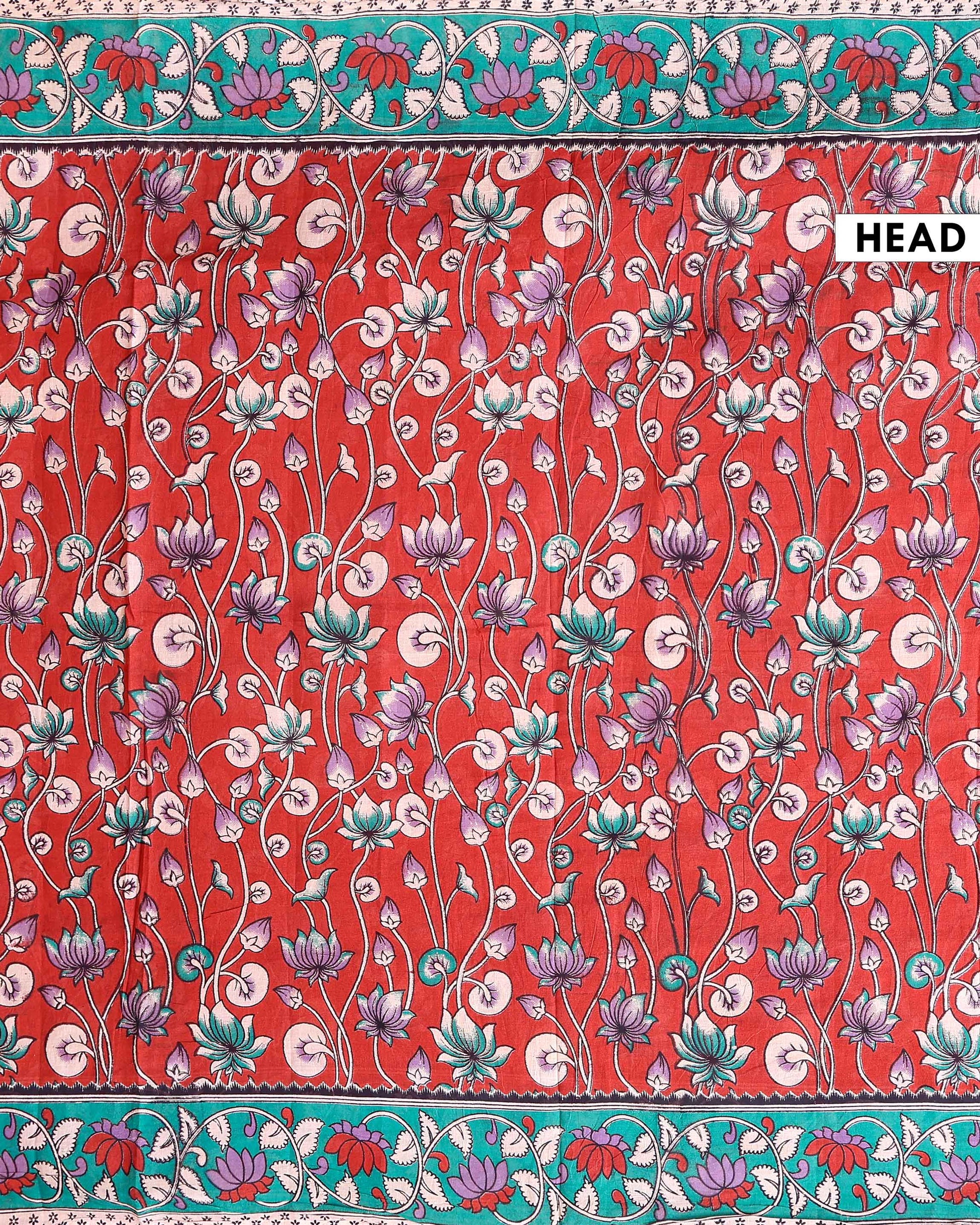 Traditional Kalamkari Block Printed Saree Elegant Lotus Pattern - Red-head