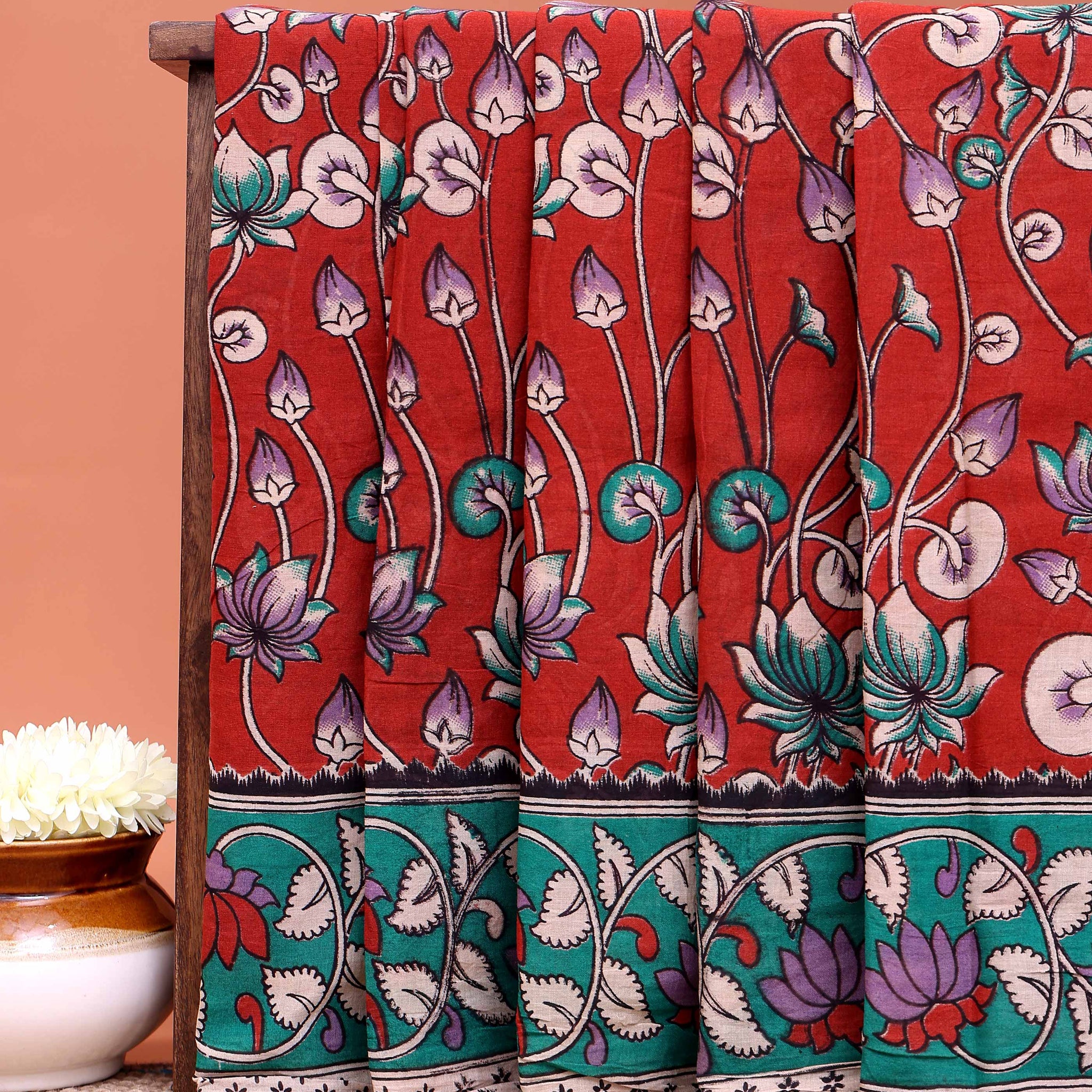 Traditional Kalamkari Block Printed Saree Elegant Lotus Pattern - Red