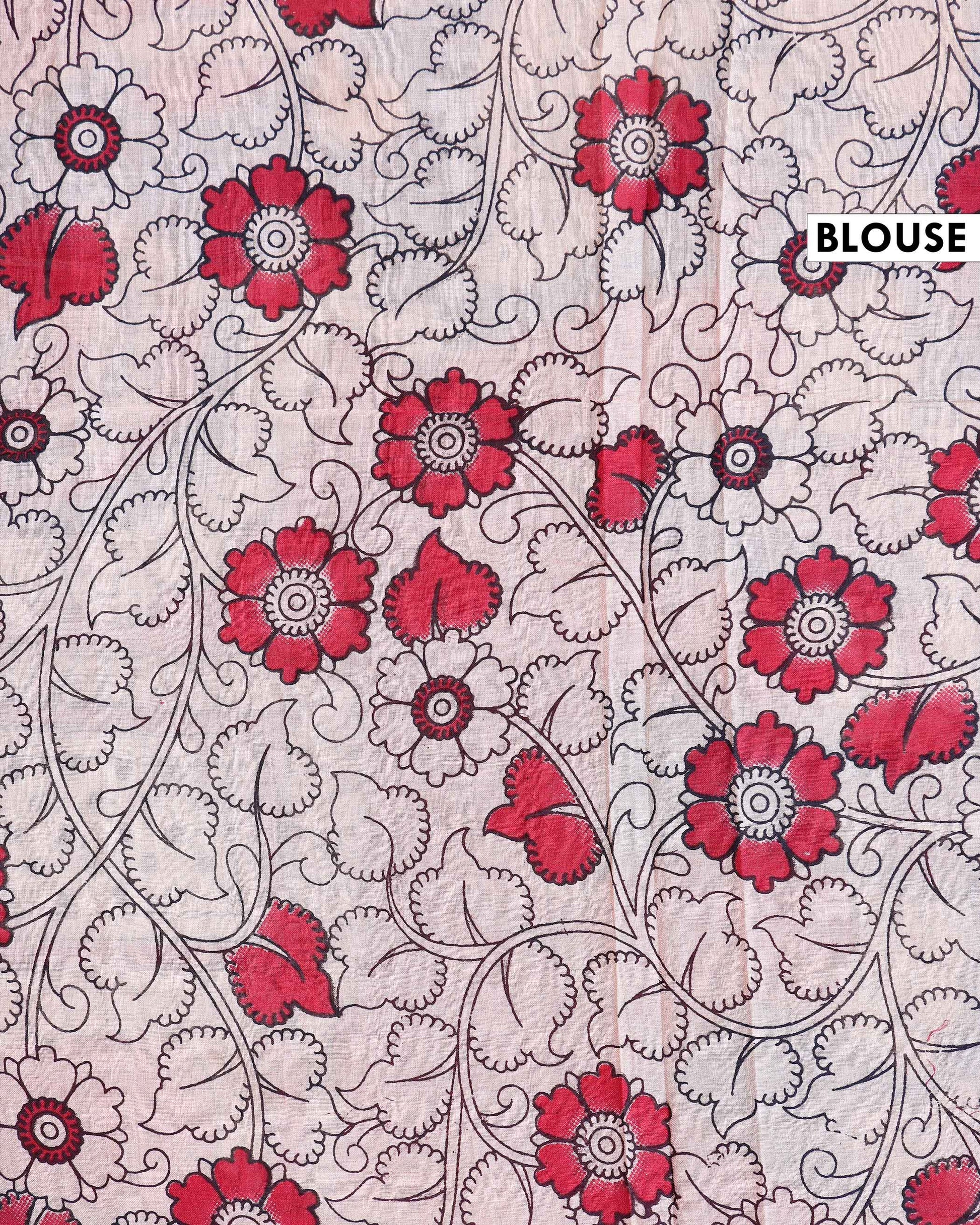 Traditional Kalamkari Cotton Saree All-Over Floral Pattern and Classic Border - Blue