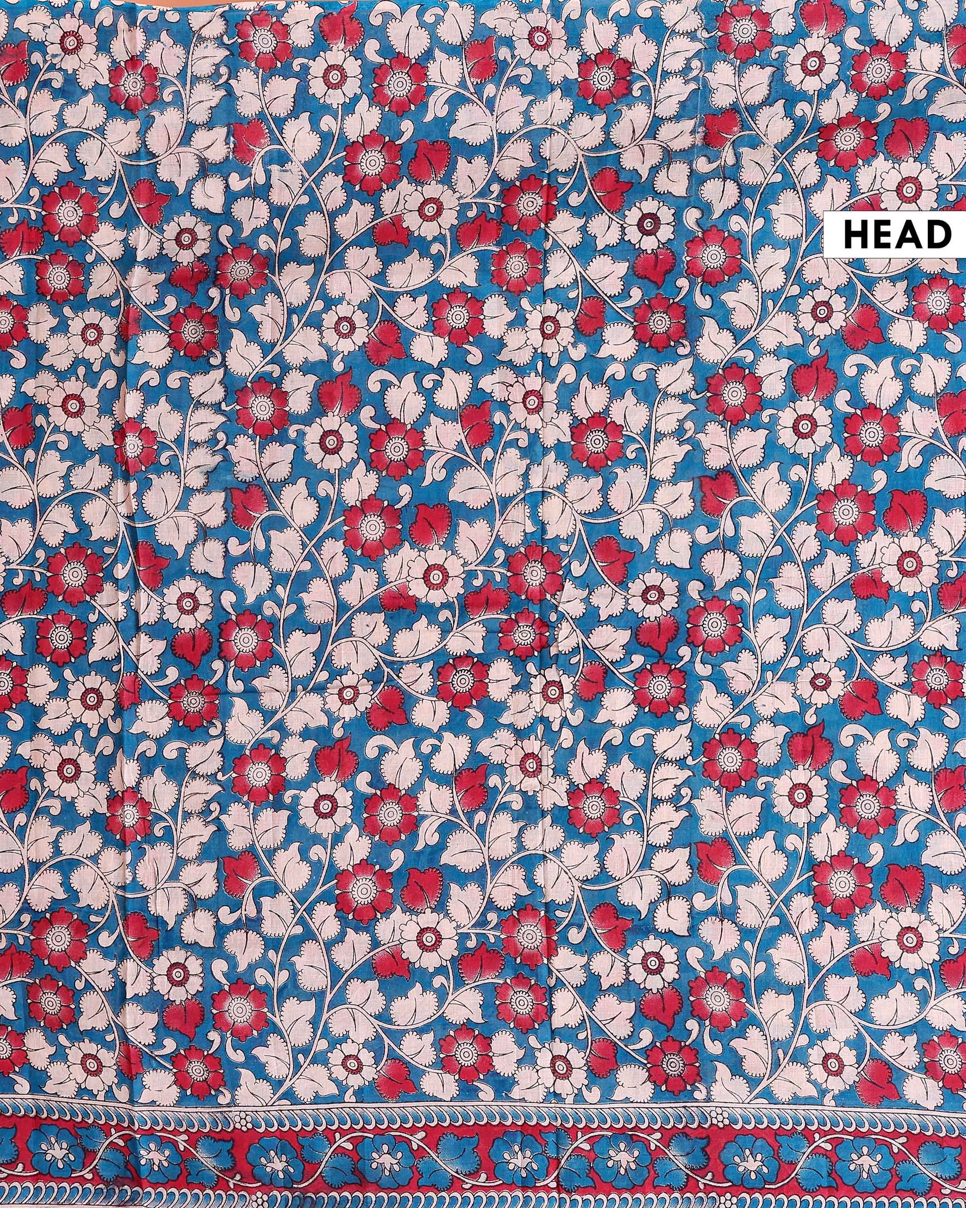 Traditional Kalamkari Cotton Saree All-Over Floral Pattern and Classic Border - Blue