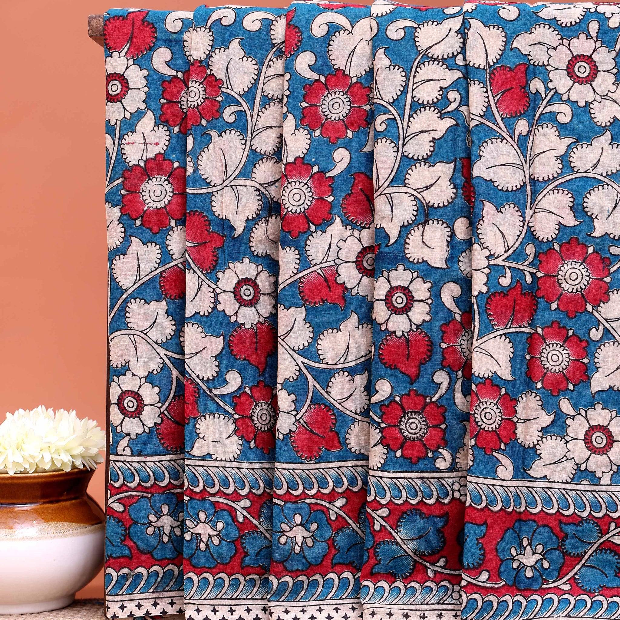 Traditional Kalamkari Cotton Saree All-Over Floral Pattern and Classic Border - Blue