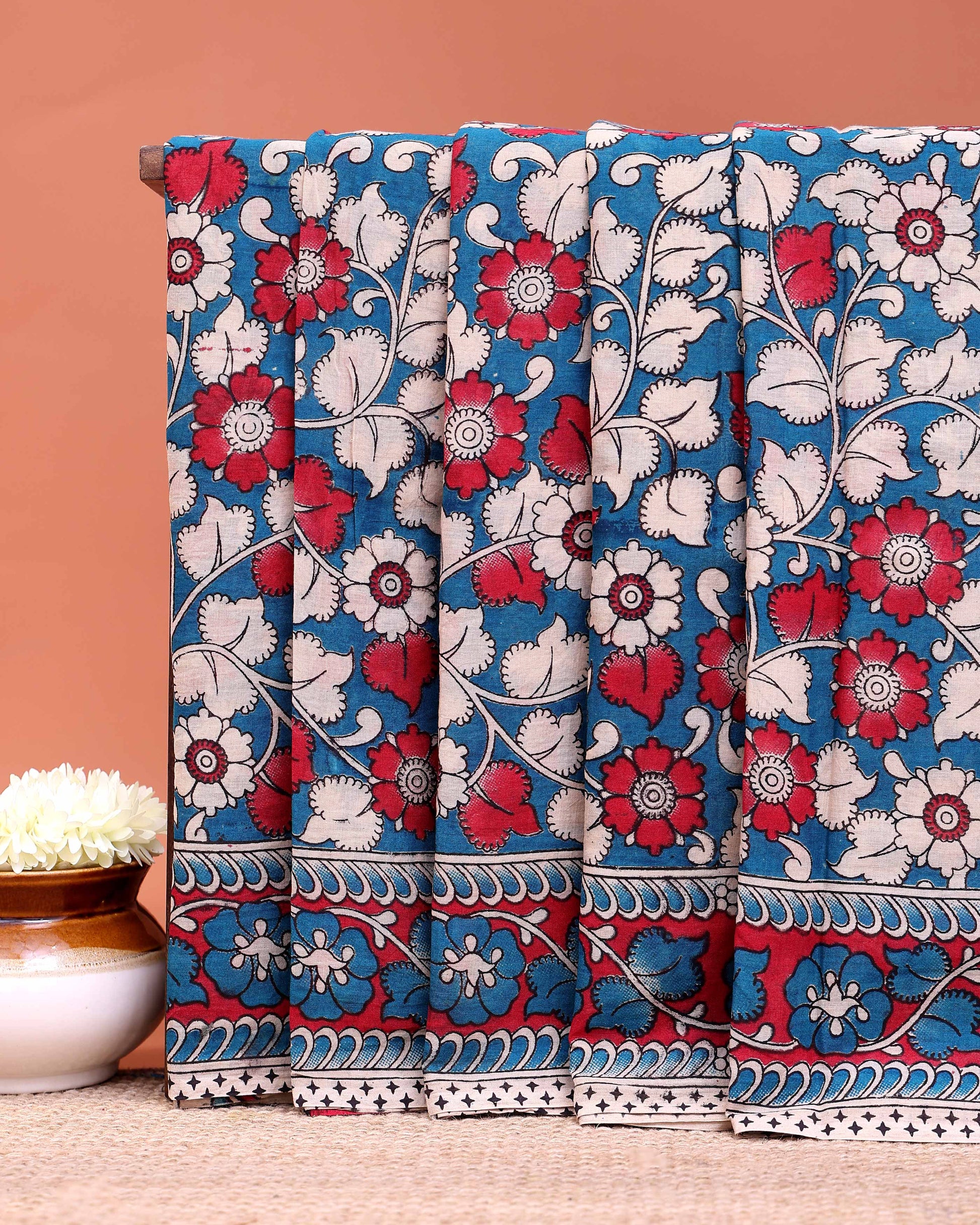 Traditional Kalamkari Cotton Saree All-Over Floral Pattern and Classic Border - Blue
