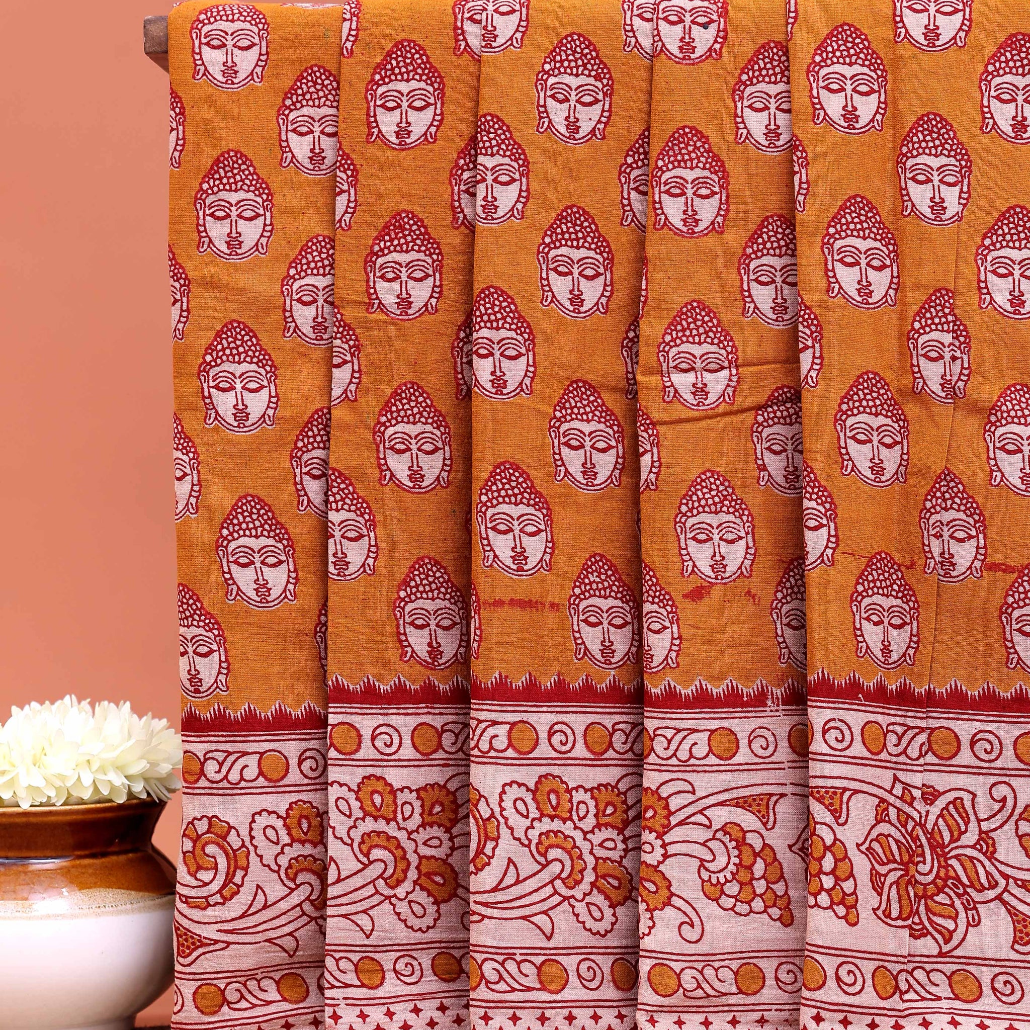Classic Kalamkari Cotton Saree Representing Divine Buddha Pattern Detailing - Mustard