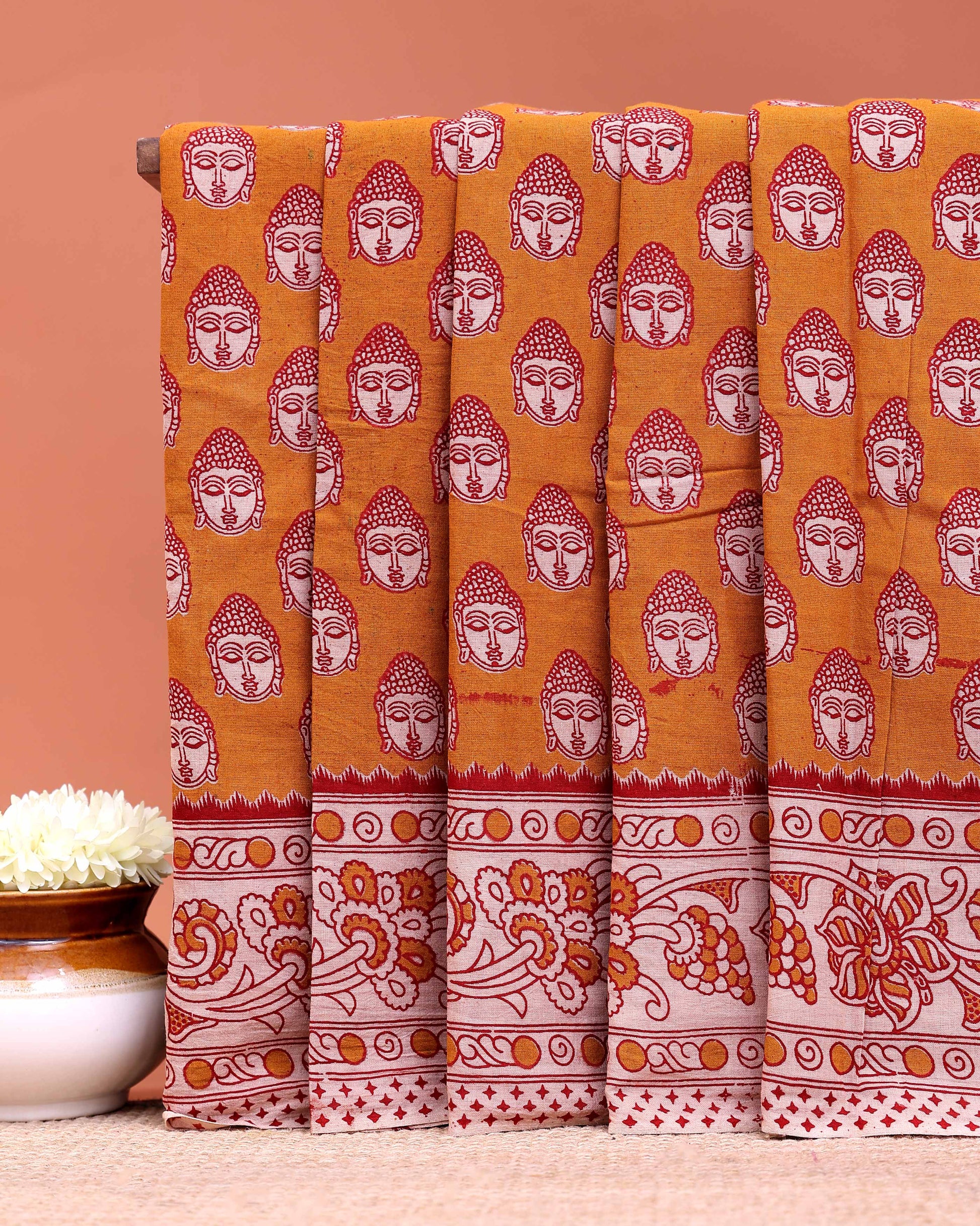 Classic Kalamkari Cotton Saree Representing Divine Buddha Pattern Detailing - Mustard