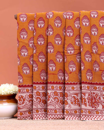 Classic Kalamkari Cotton Saree Representing Divine Buddha Pattern Detailing - Mustard