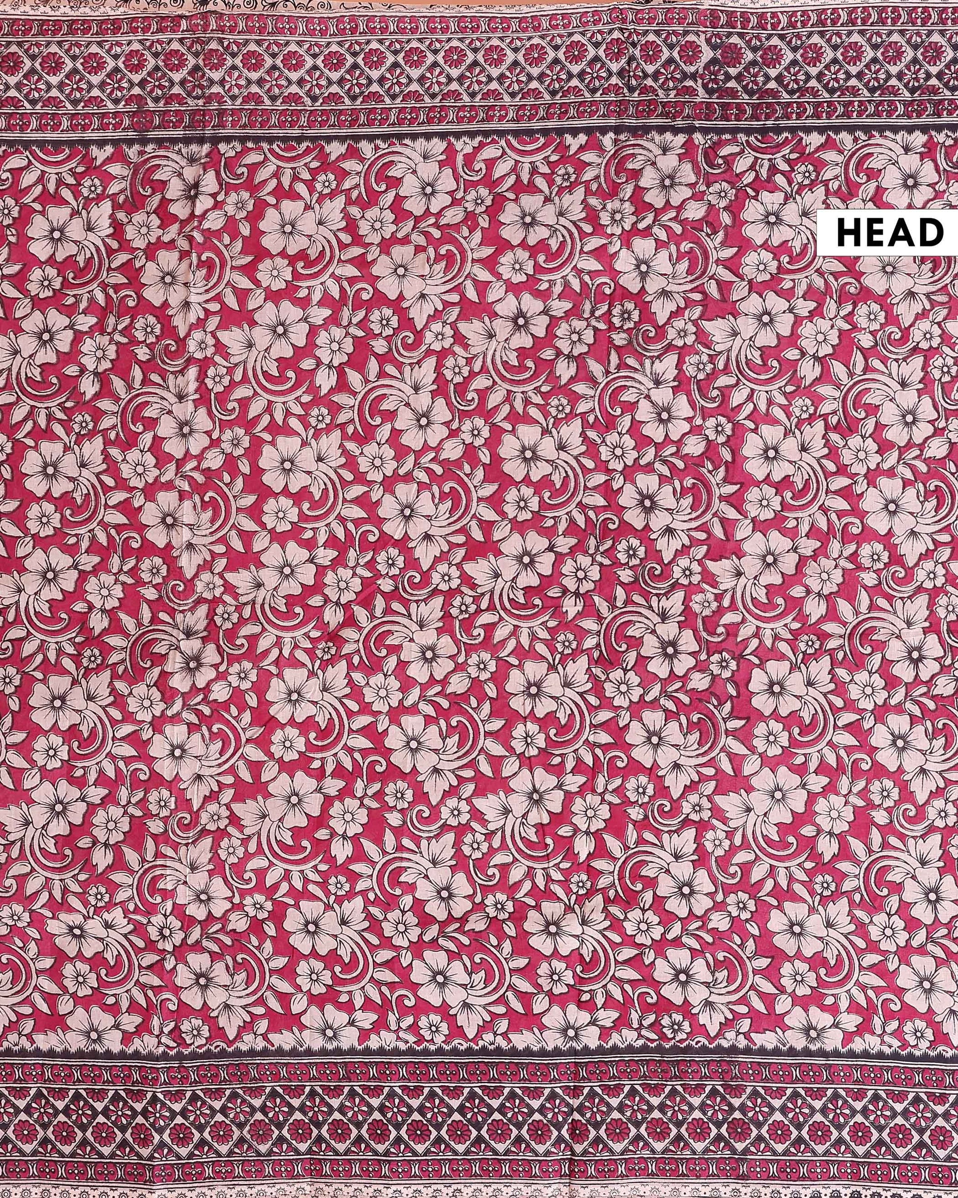 Traditional Kalamkari Cotton Saree Traditional Cow and Floral Border Artwork - Pink