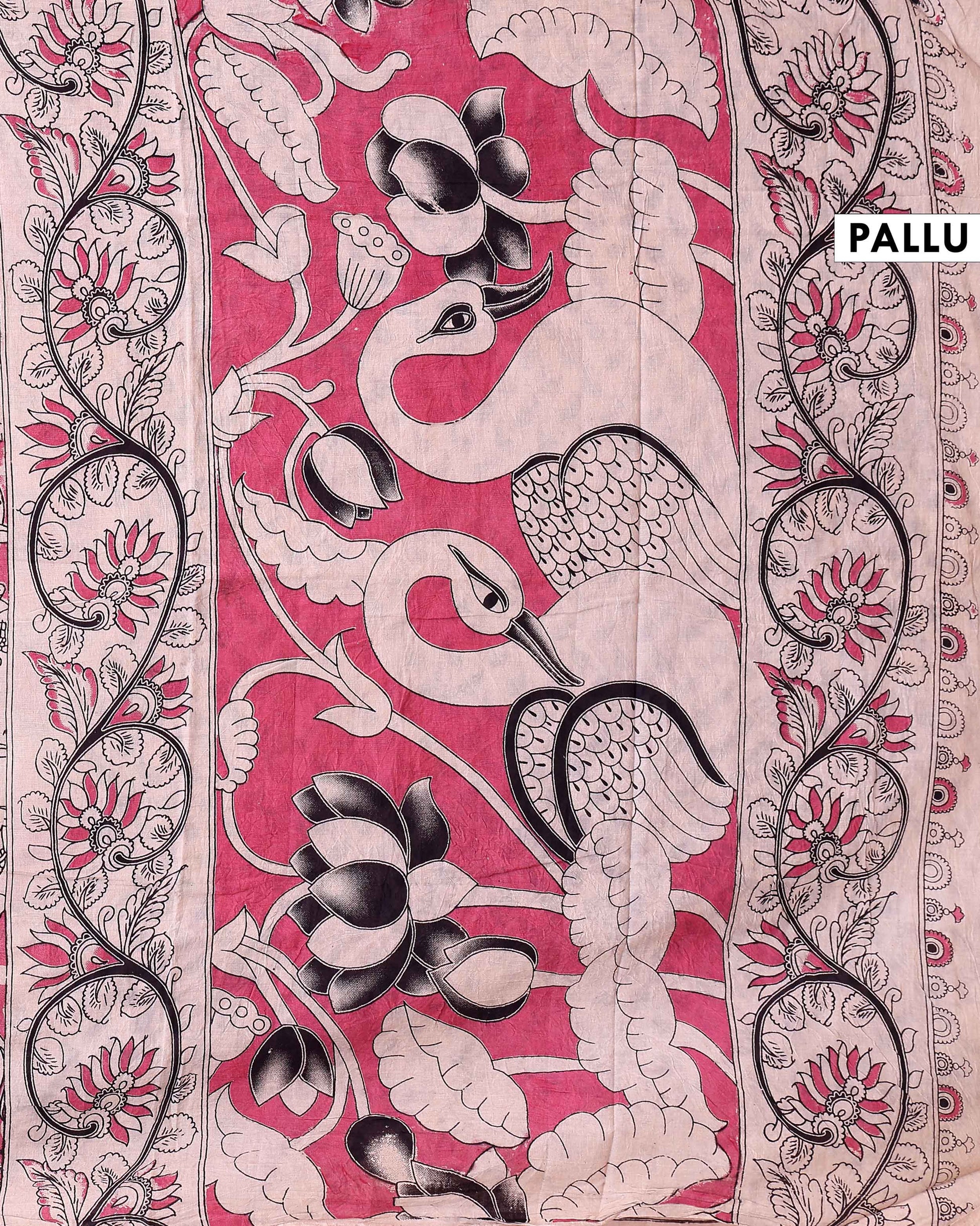 Traditional Kalamkari Cotton Saree Traditional Cow and Floral Border Artwork - Pink