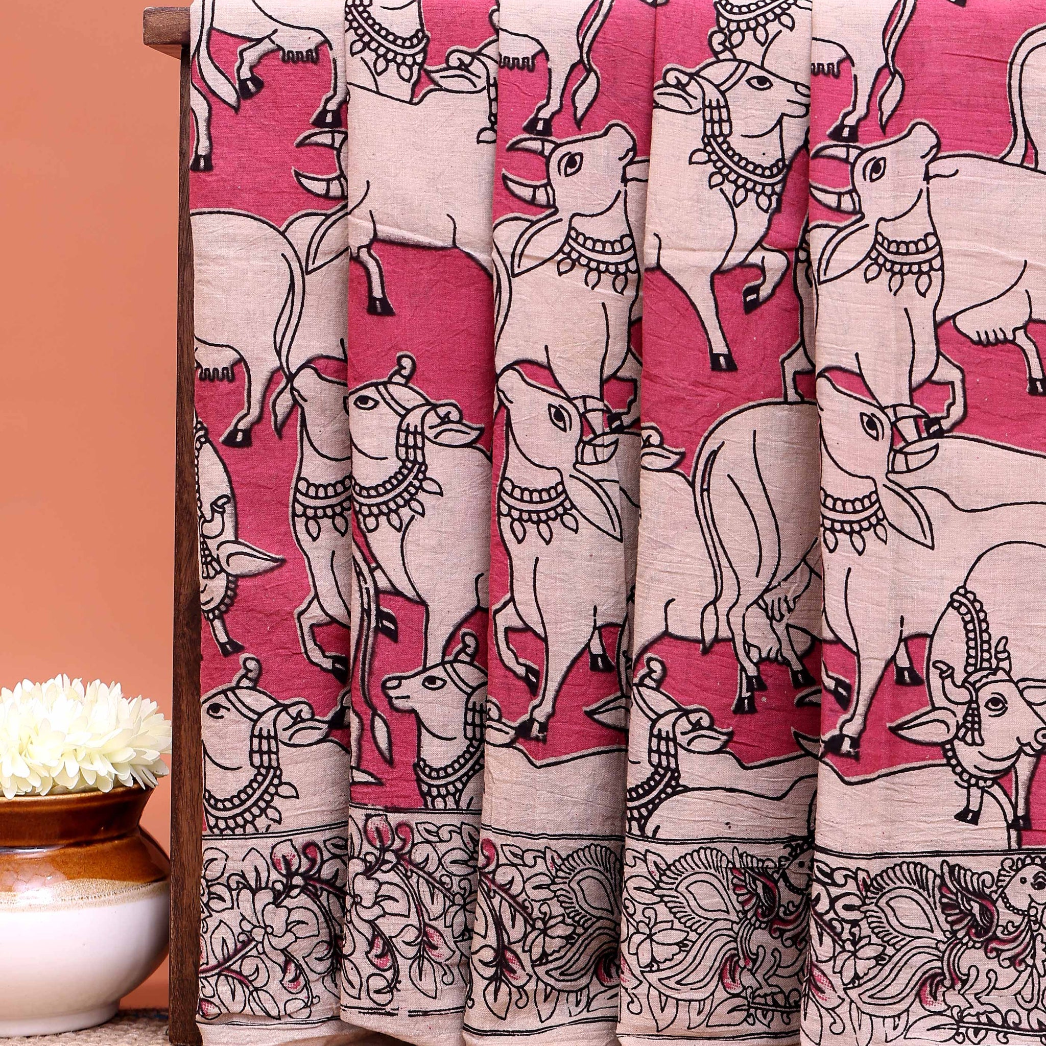 Traditional Kalamkari Cotton Saree Traditional Cow and Floral Border Artwork - Pink