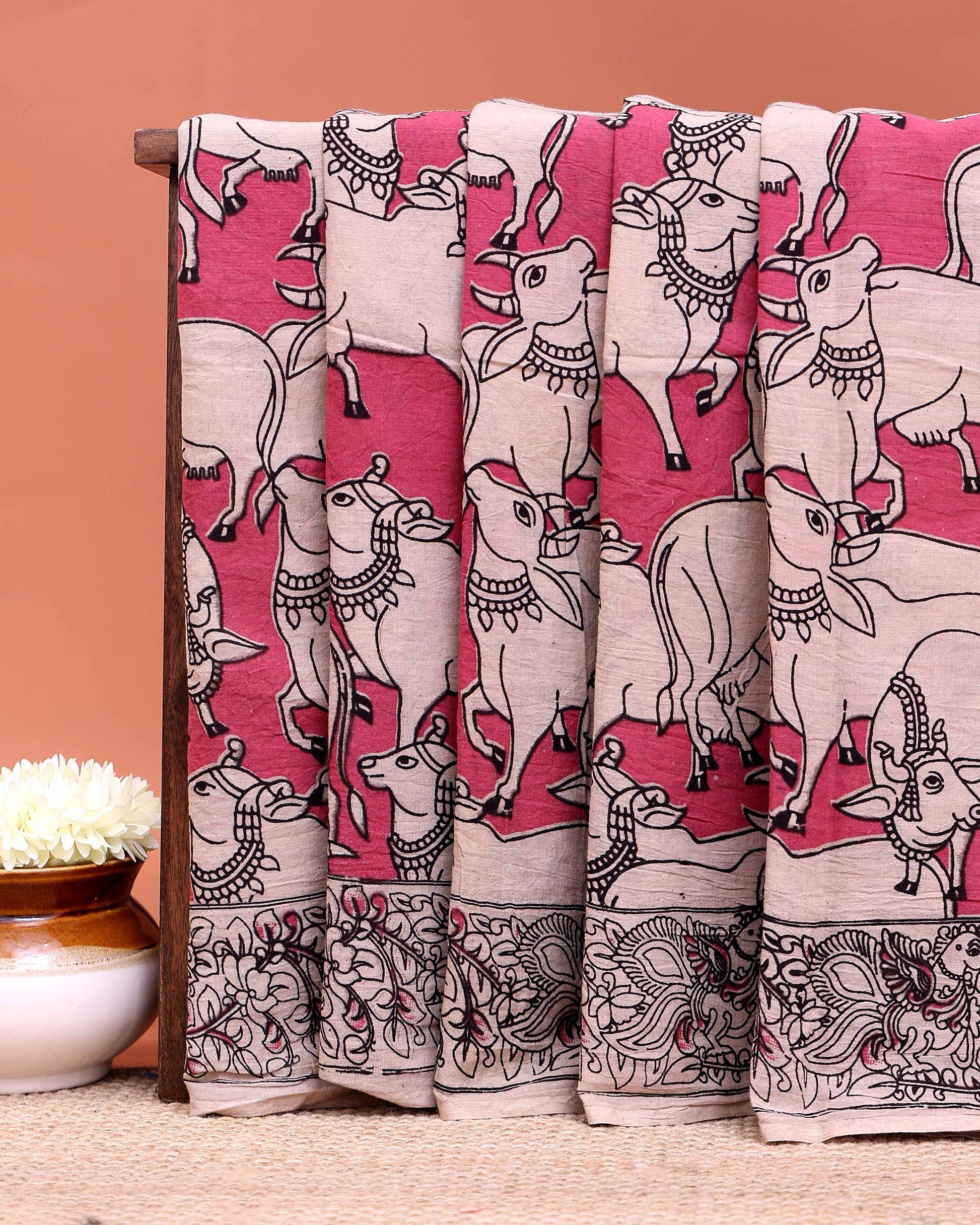 Traditional Kalamkari Cotton Saree Traditional Cow and Floral Border Artwork - Pink