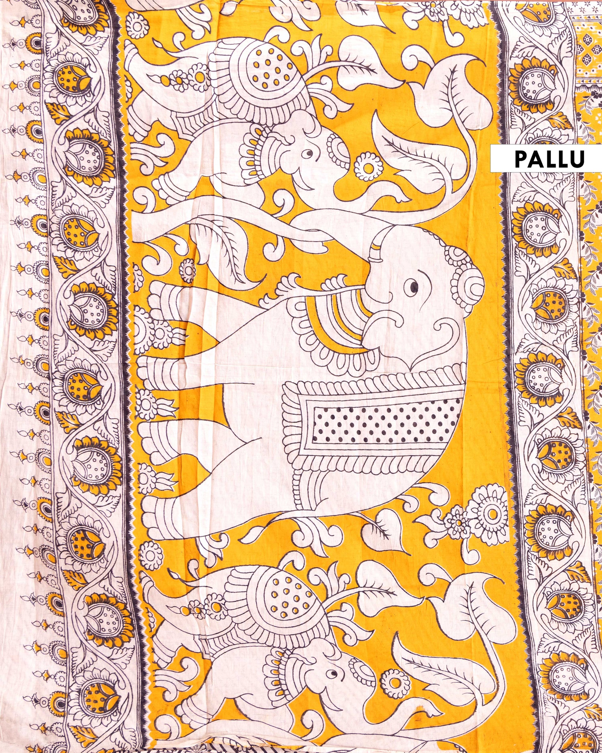 Traditional Kalamkari Cotton Saree featuring Handcrafted Floral and Geometric Patterns - Yellow