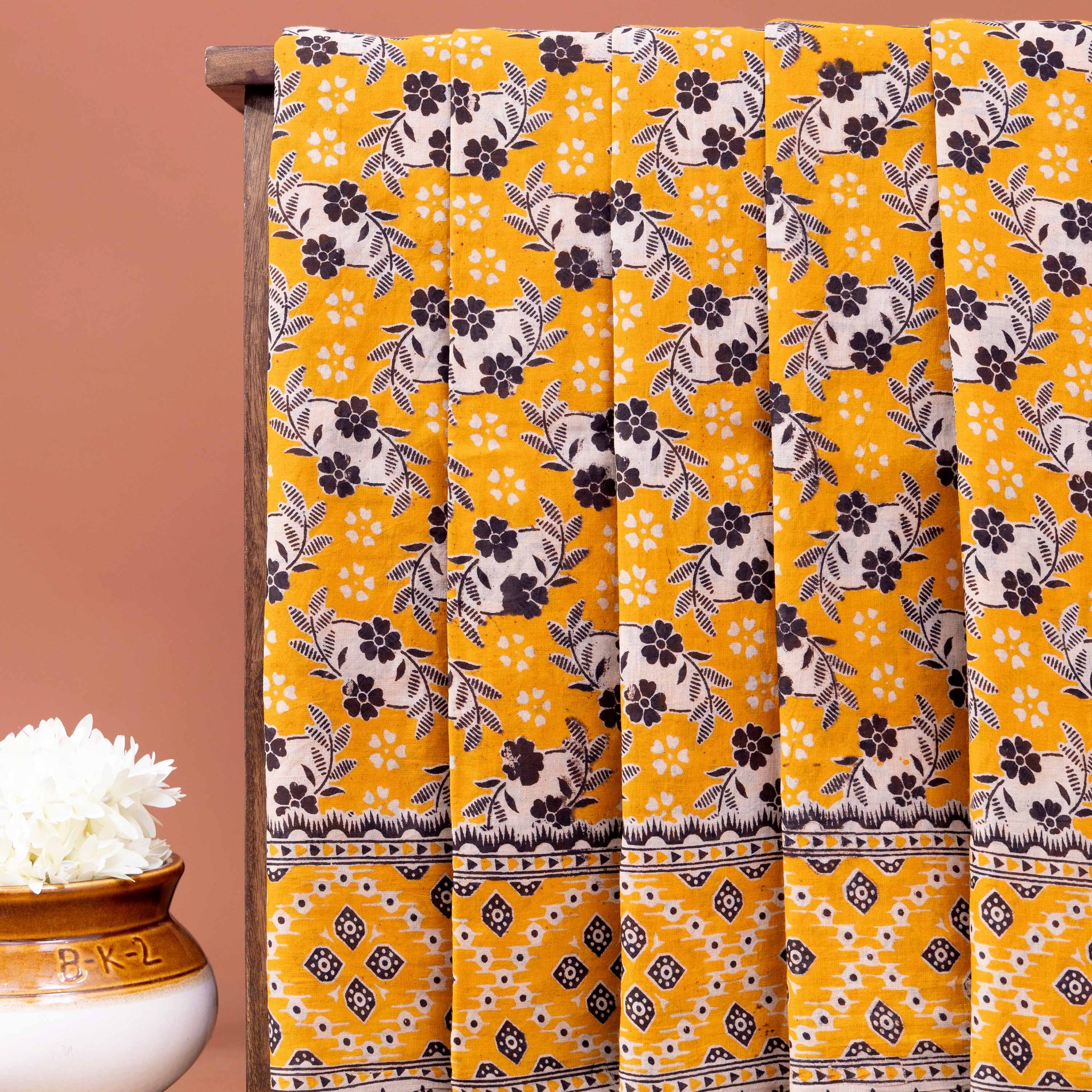 Traditional Kalamkari Cotton Saree featuring Handcrafted Floral and Geometric Patterns - Yellow