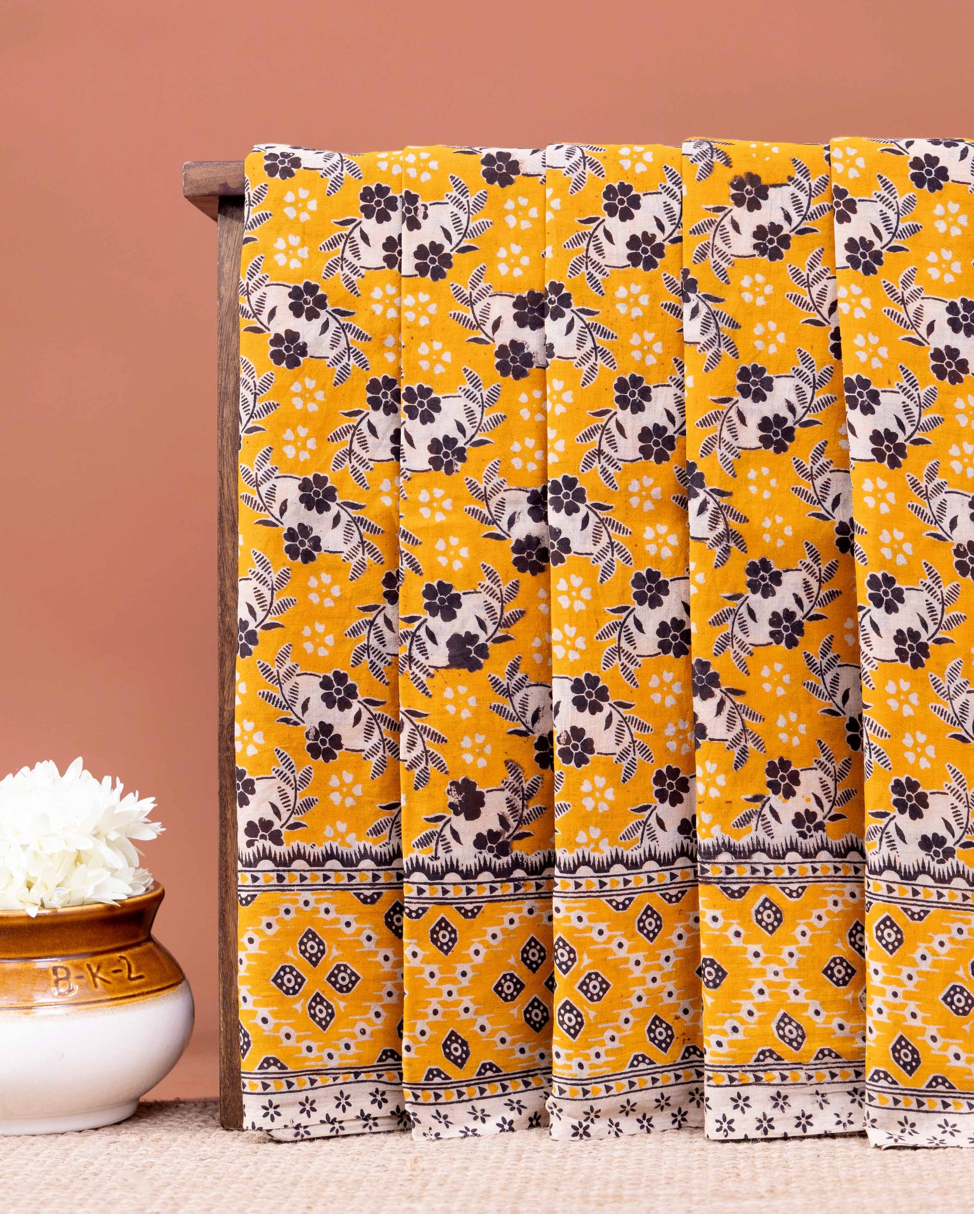 Traditional Kalamkari Cotton Saree featuring Handcrafted Floral and Geometric Patterns - Yellow