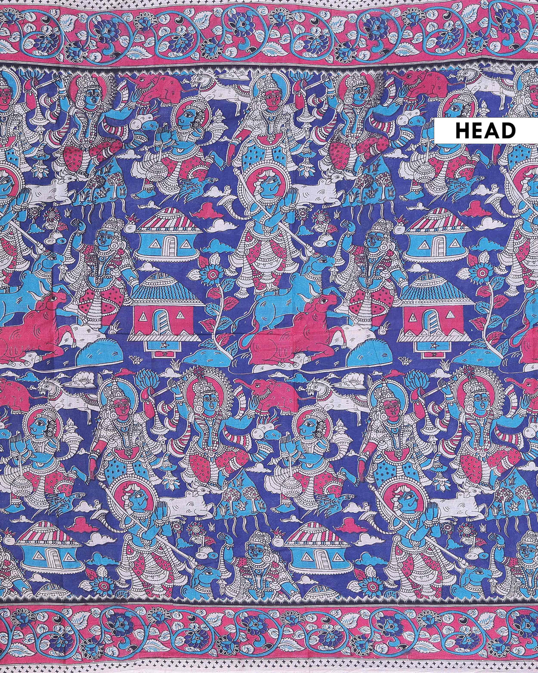 Traditional Kalamkari Cotton Saree showcasing Mythological Figures and Nature Prints - Blue