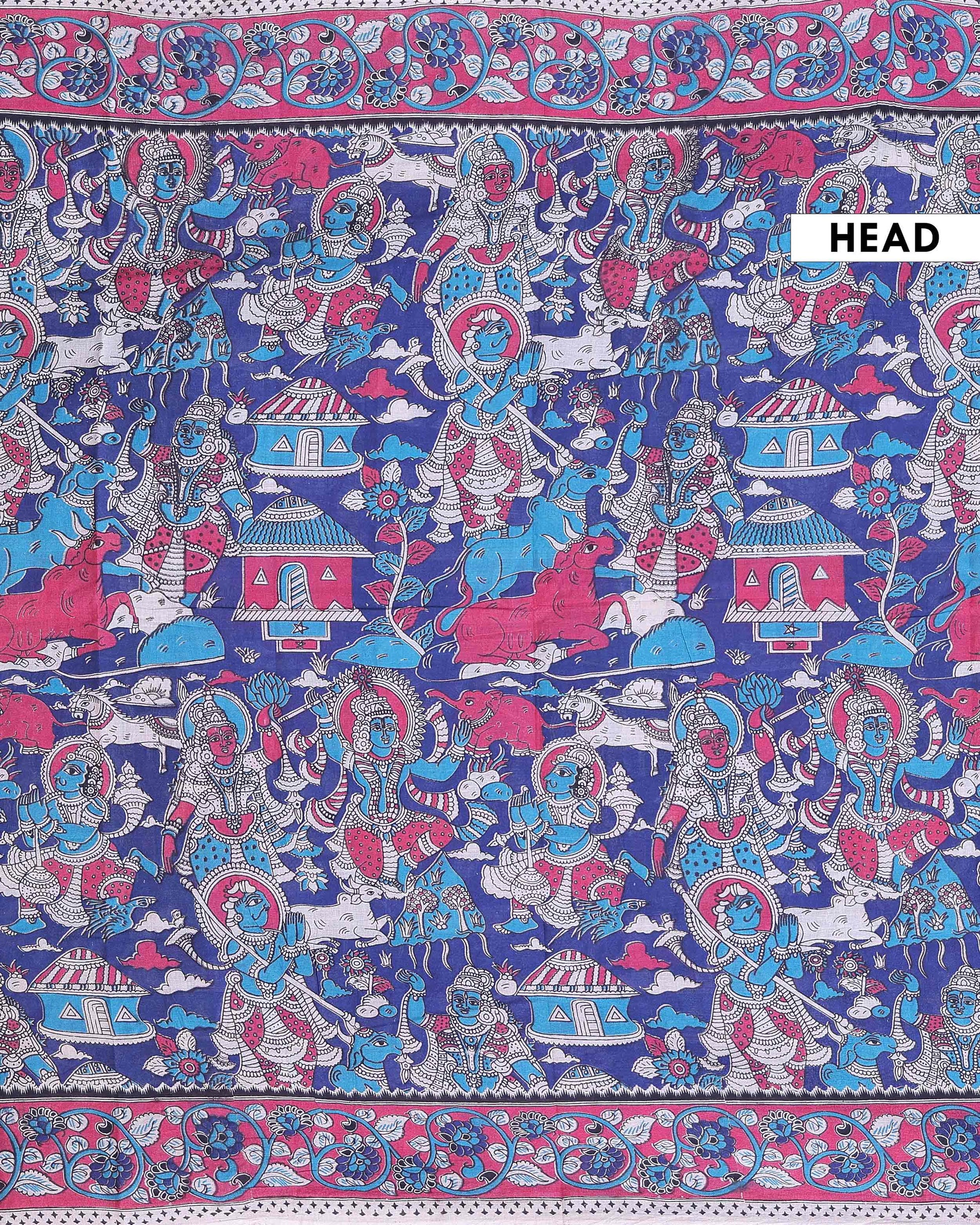 Traditional Kalamkari Cotton Saree showcasing Mythological Figures and Nature Prints - Blue