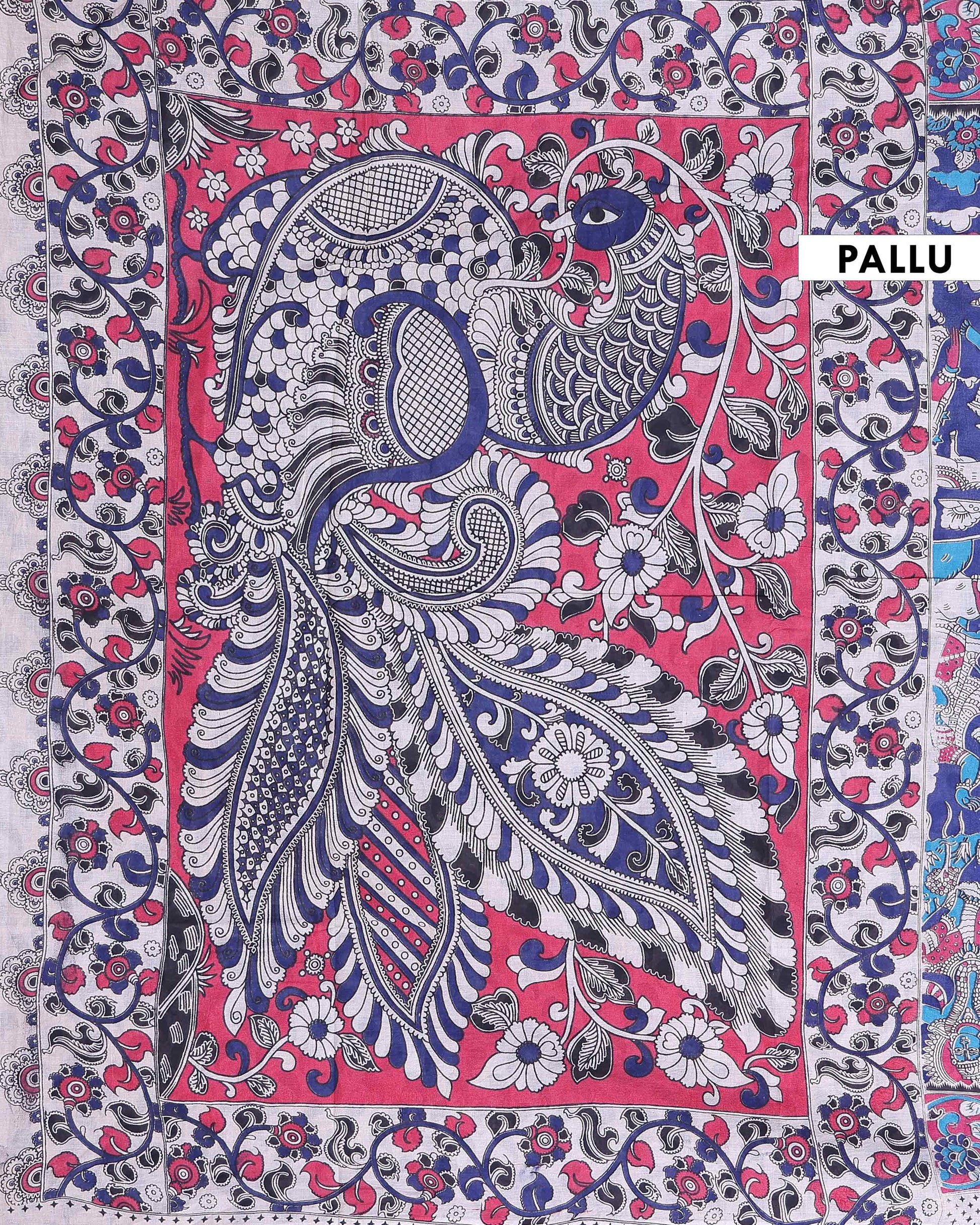 Traditional Kalamkari Cotton Saree showcasing Mythological Figures and Nature Prints - Blue