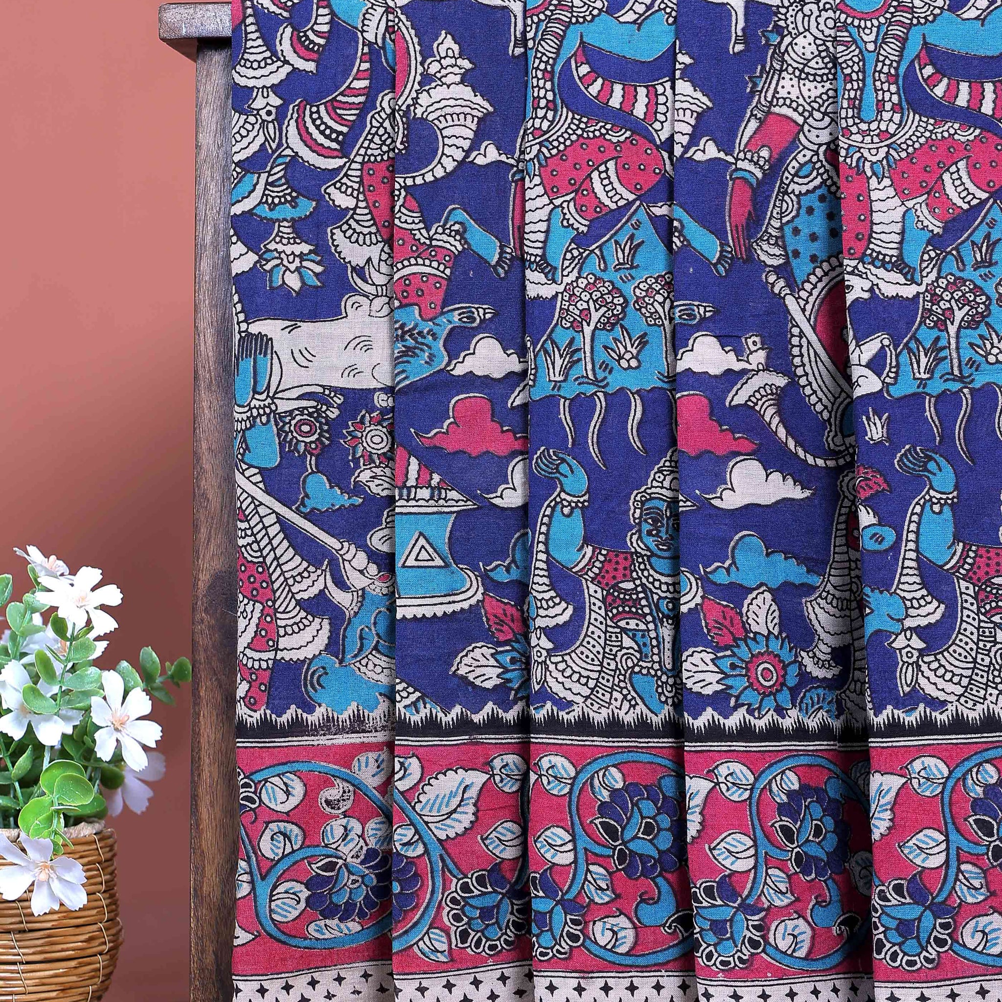 Traditional Kalamkari Cotton Saree showcasing Mythological Figures and Nature Prints - Blue