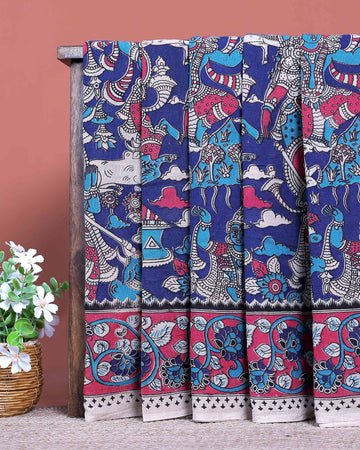 Traditional Kalamkari Cotton Saree showcasing Mythological Figures and Nature Prints - Blue