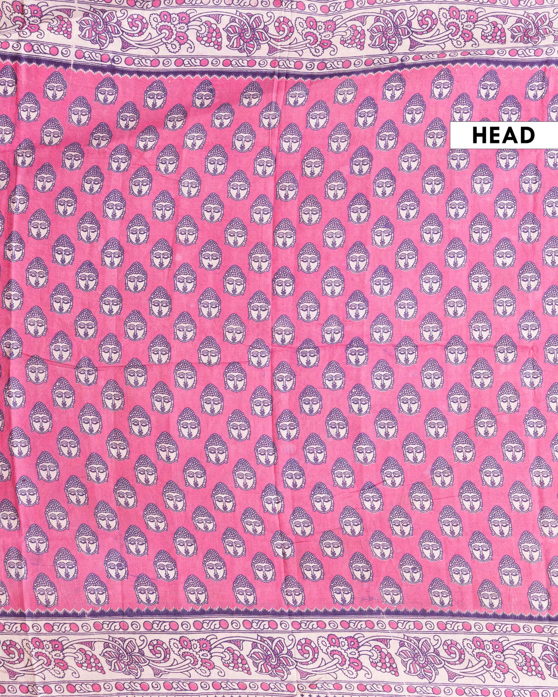 Traditional Kalamkari Cotton Saree with Buddha Motif and Floral Border - Pink