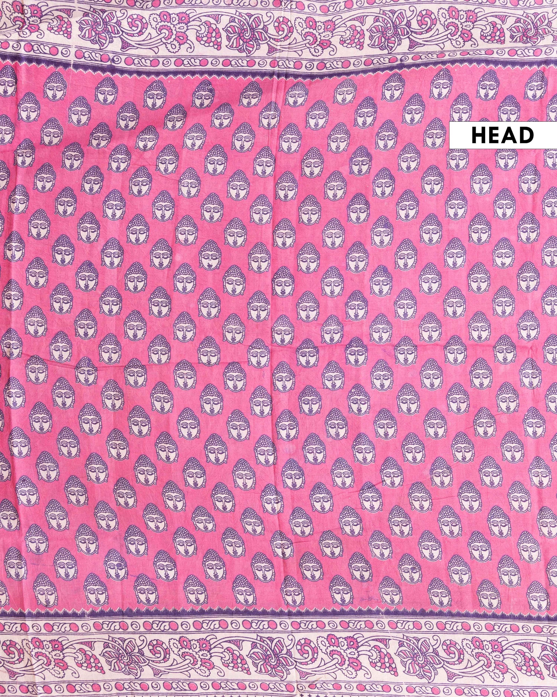 Traditional Kalamkari Cotton Saree with Buddha Motif and Floral Border - Pink