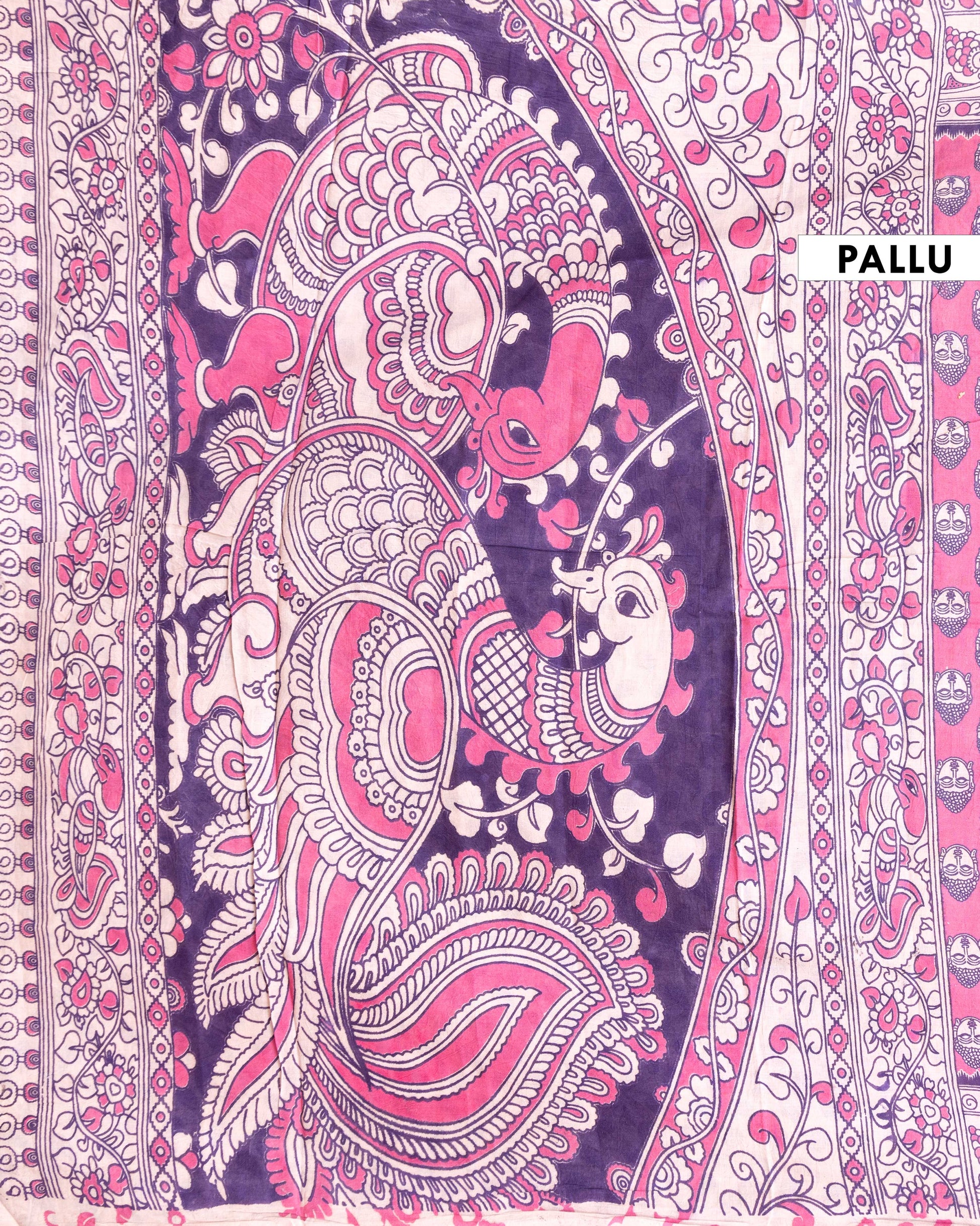 Traditional Kalamkari Cotton Saree with Buddha Motif and Floral Border - Pink
