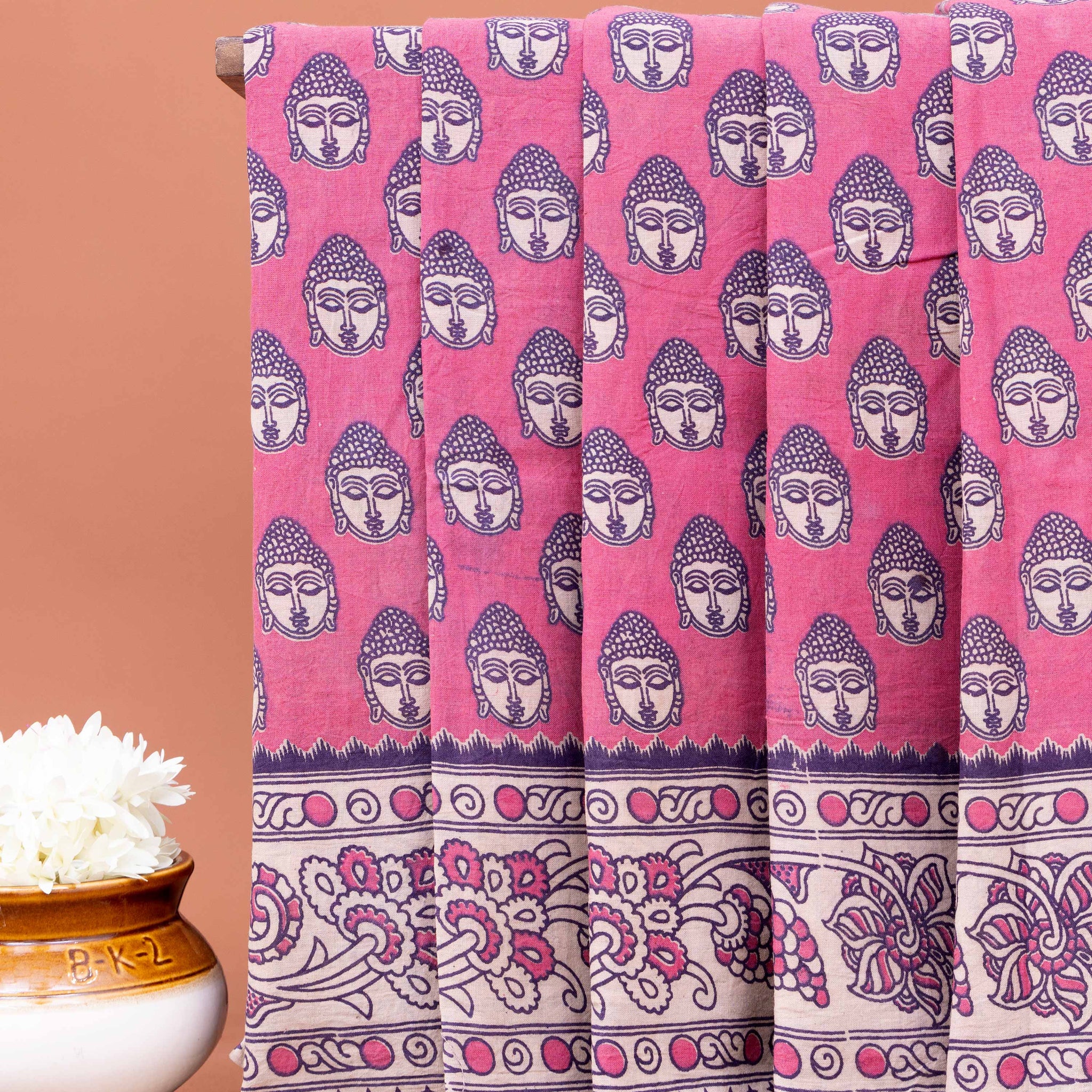 Traditional Kalamkari Cotton Saree with Buddha Motif and Floral Border - Pink