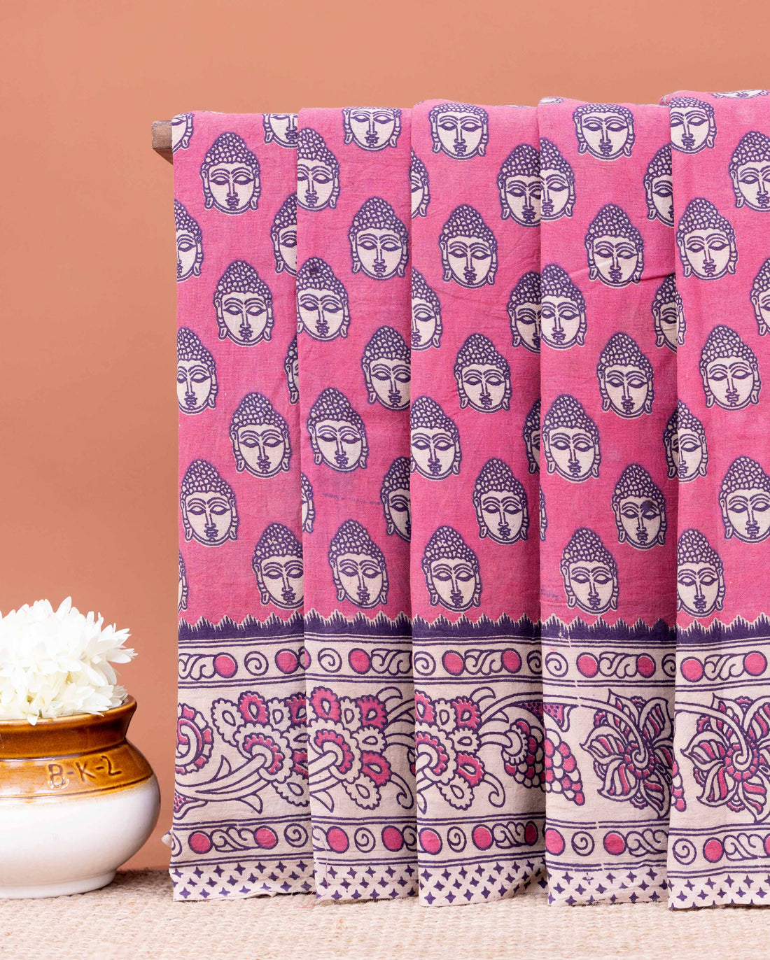 Traditional Kalamkari Cotton Saree with Buddha Motif and Floral Border - Pink