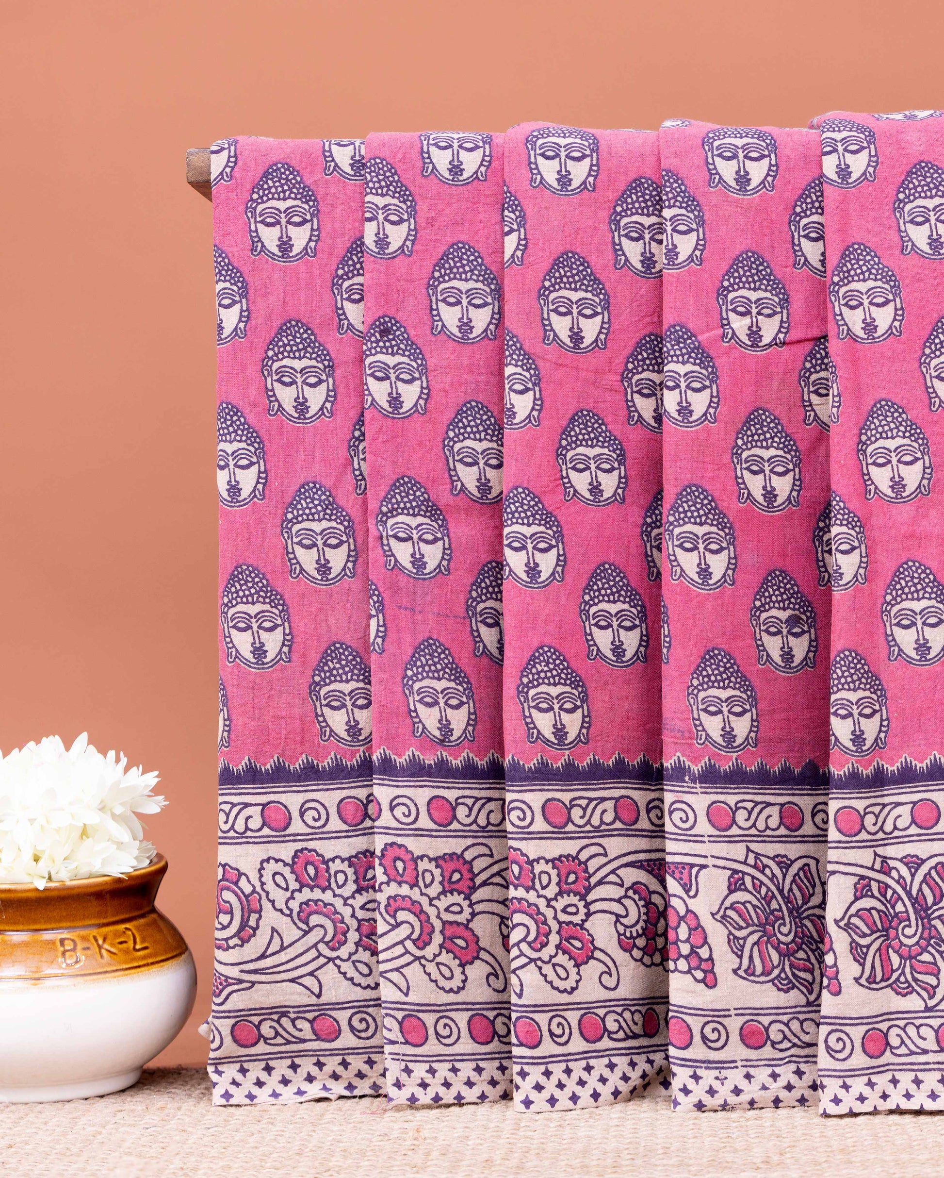 Traditional Kalamkari Cotton Saree with Buddha Motif and Floral Border - Pink