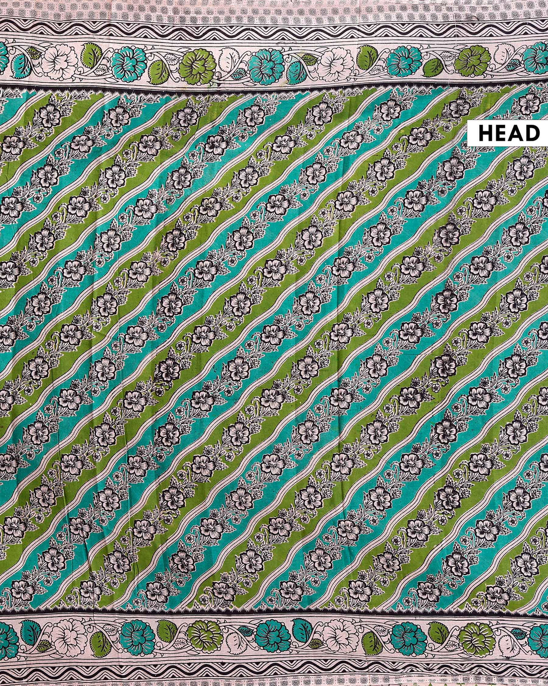 Traditional Kalamkari Cotton Saree with Diagonal Floral Stripes and Traditional Border - Green