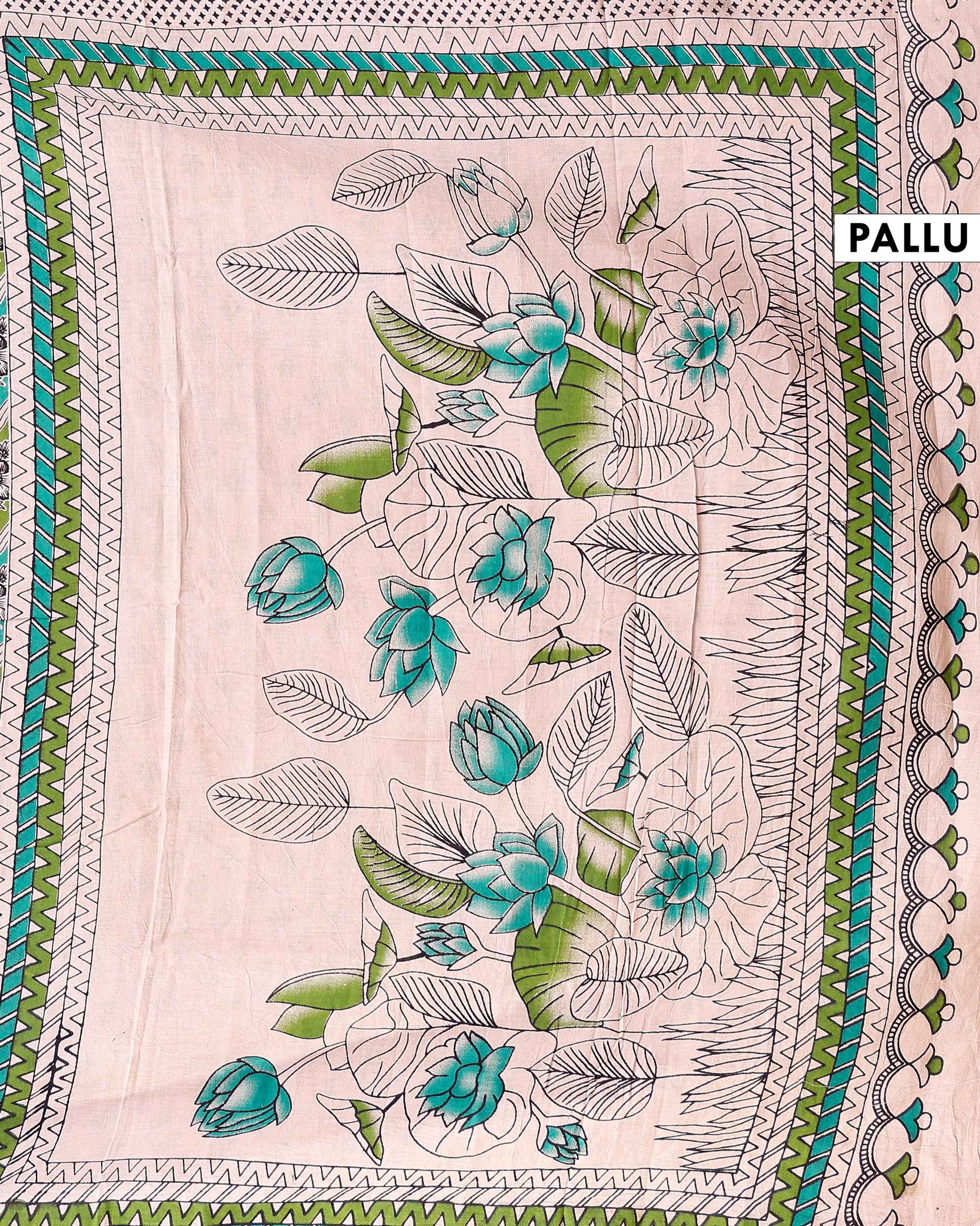Traditional Kalamkari Cotton Saree with Diagonal Floral Stripes and Traditional Border - Green
