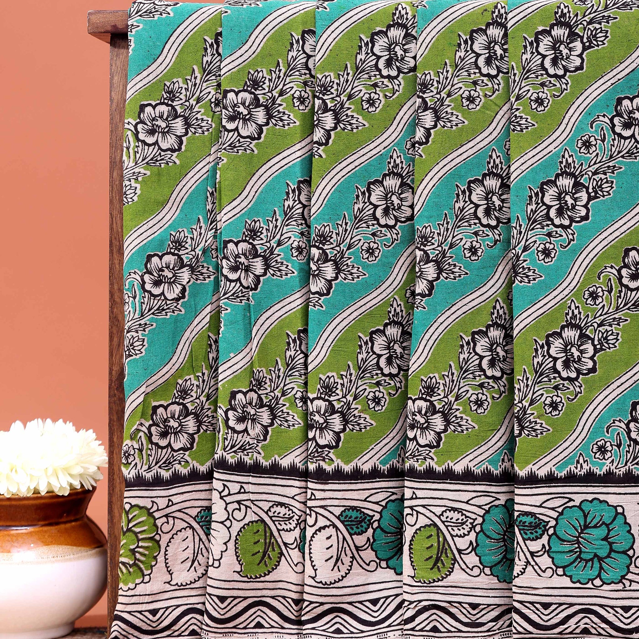 Traditional Kalamkari Cotton Saree with Diagonal Floral Stripes and Traditional Border - Green
