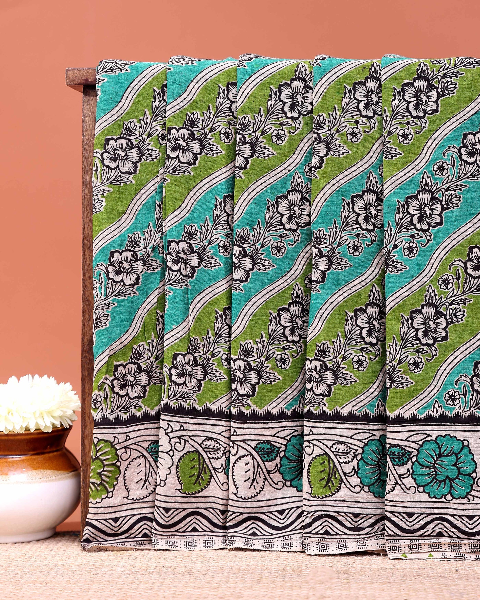 Traditional Kalamkari Cotton Saree with Diagonal Floral Stripes and Traditional Border - Green