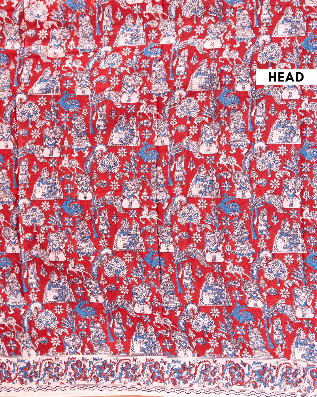 Traditional Kalamkari Cotton Saree with Elaborate Floral and Folk Art Patterns - Red