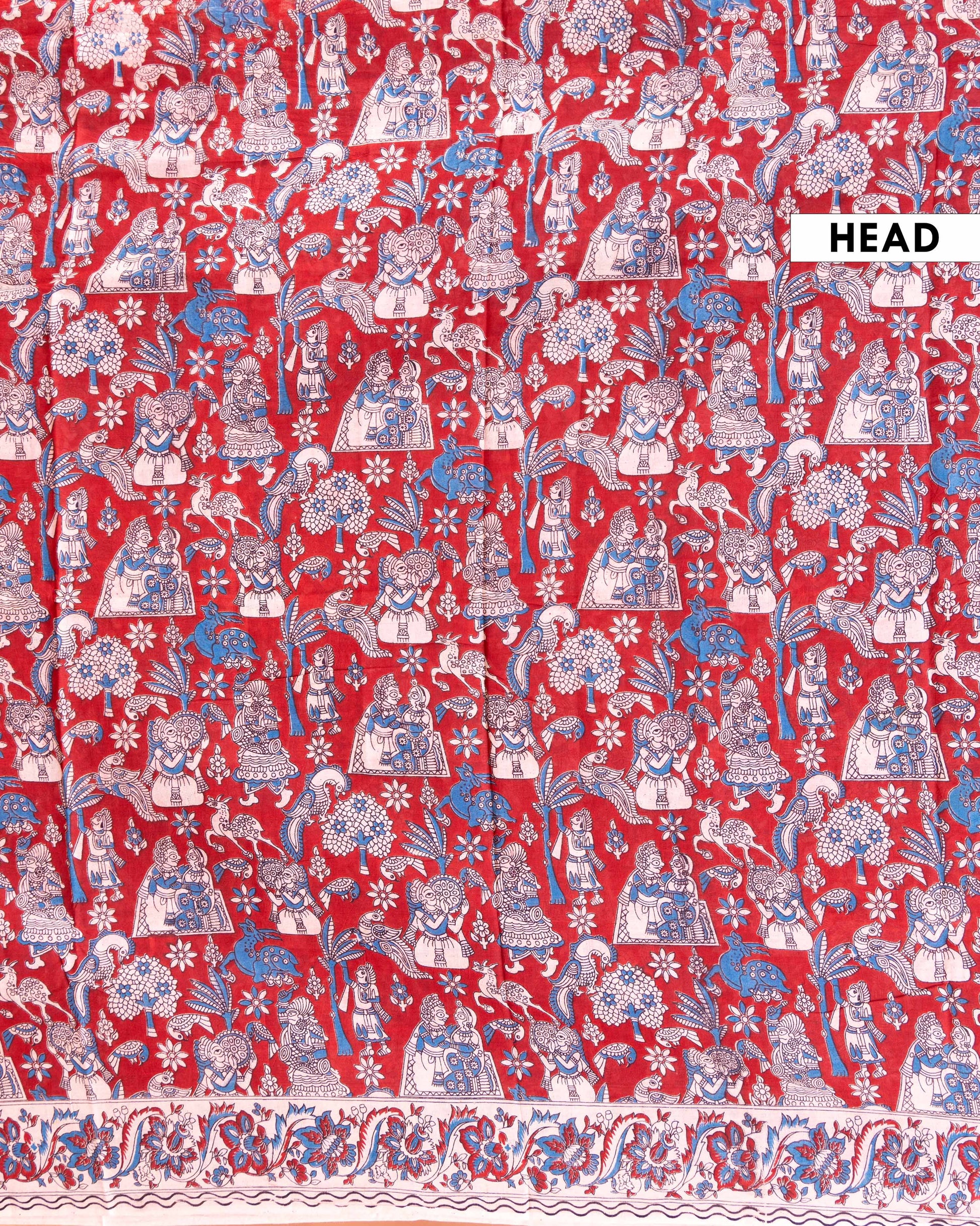 Traditional Kalamkari Cotton Saree with Elaborate Floral and Folk Art Patterns - Red