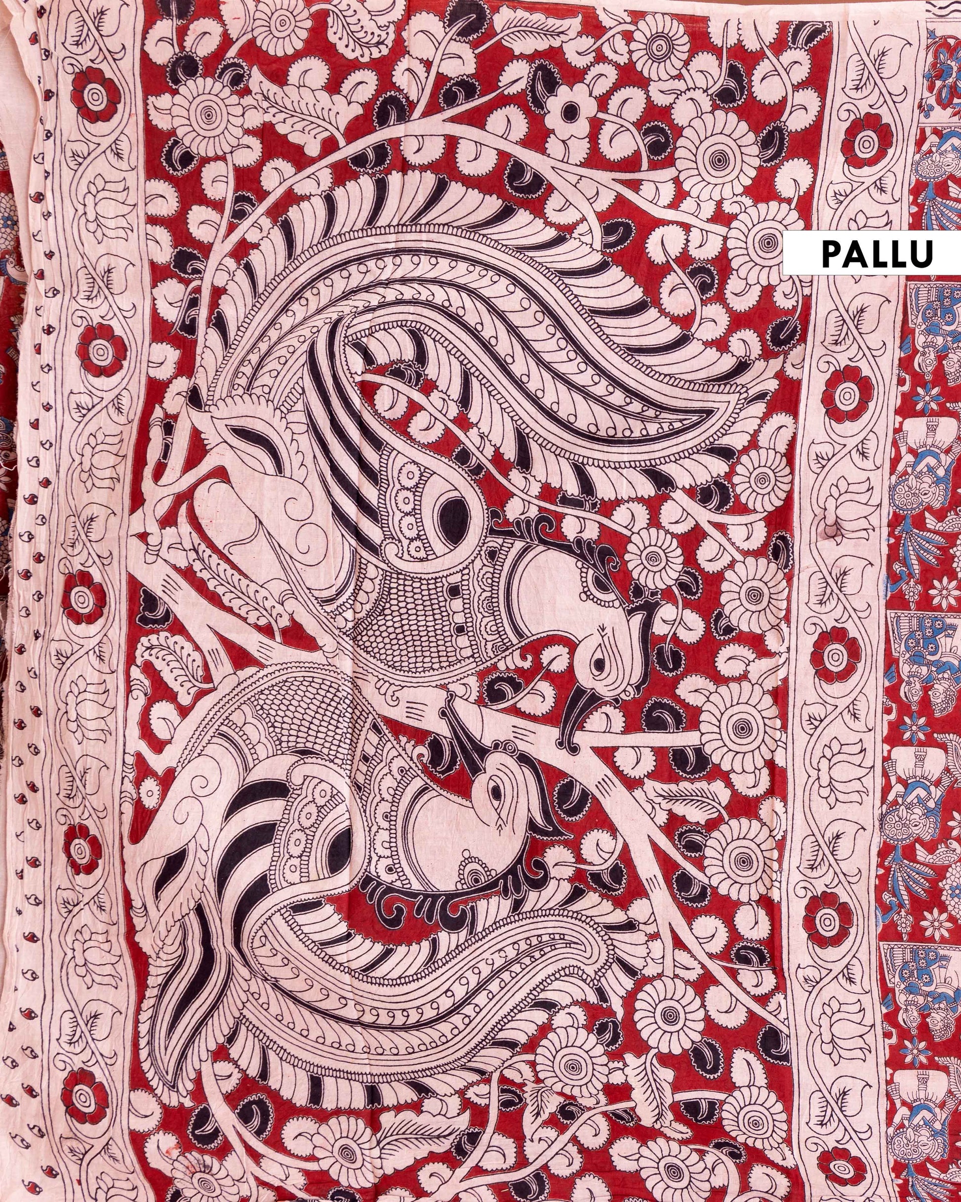 Traditional Kalamkari Cotton Saree with Elaborate Floral and Folk Art Patterns - Red