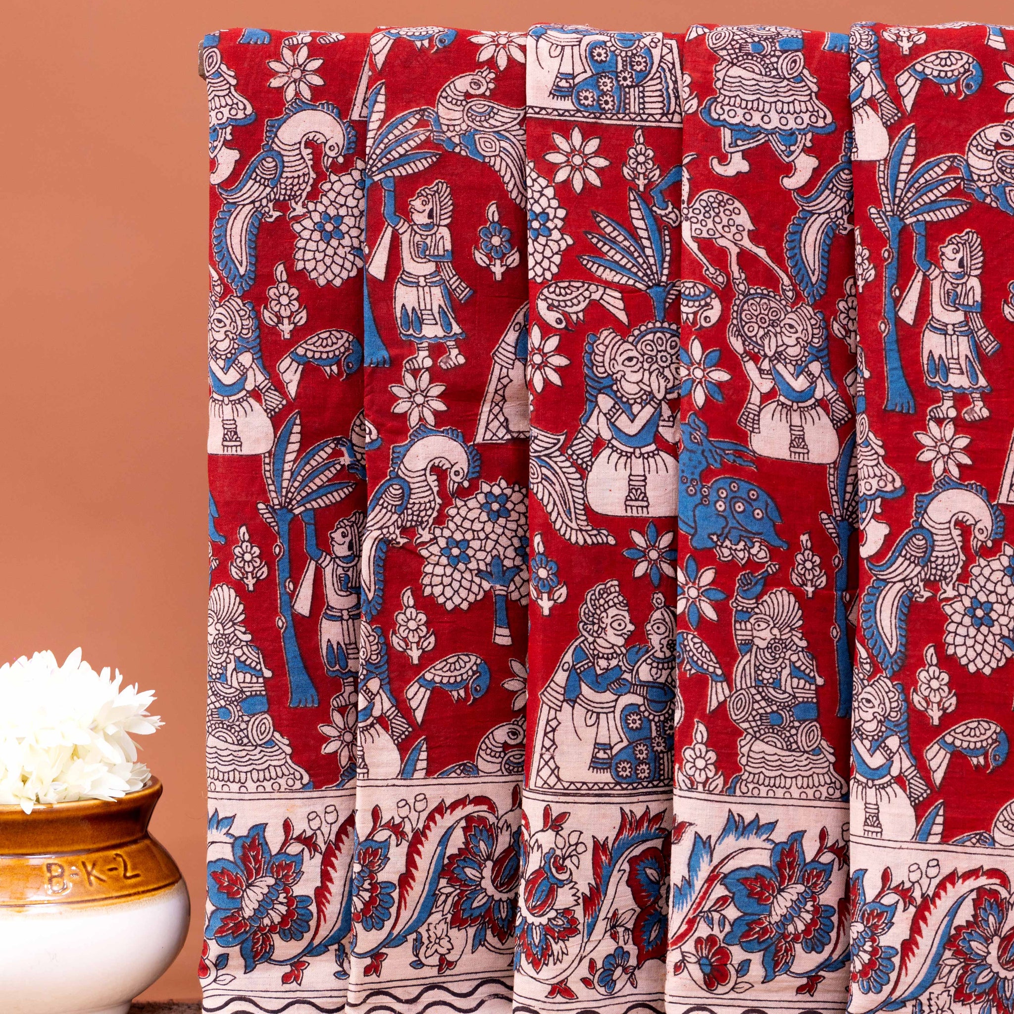 Traditional Kalamkari Cotton Saree with Elaborate Floral and Folk Art Patterns - Red