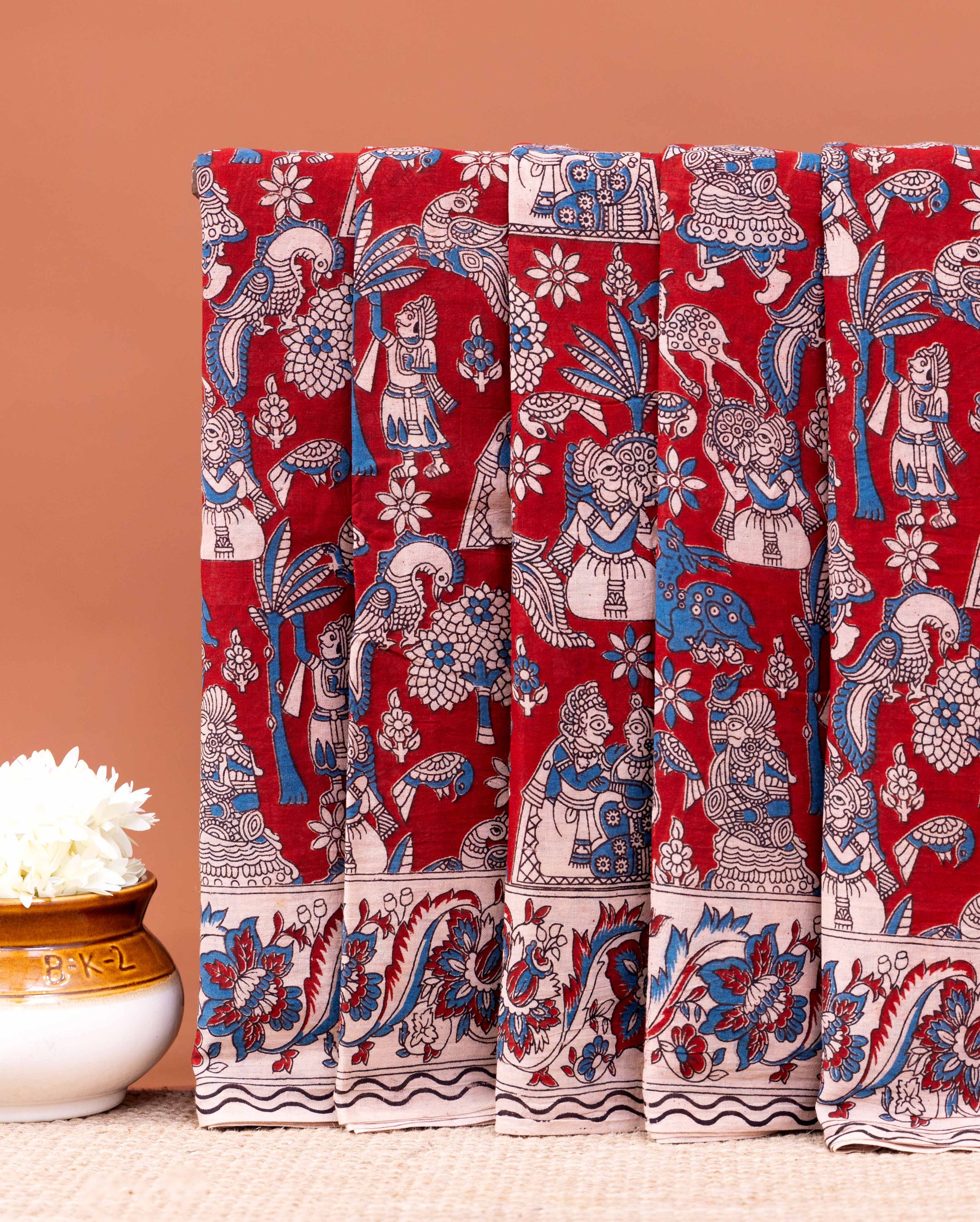 Traditional Kalamkari Cotton Saree with Elaborate Floral and Folk Art Patterns - Red