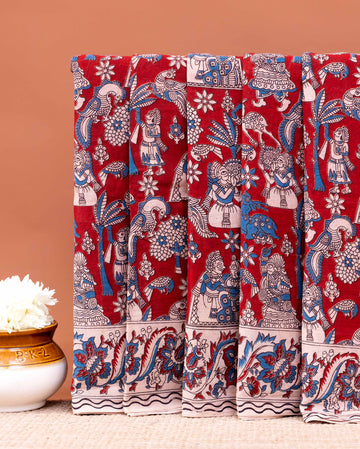Traditional Kalamkari Cotton Saree with Elaborate Floral and Folk Art Patterns - Red