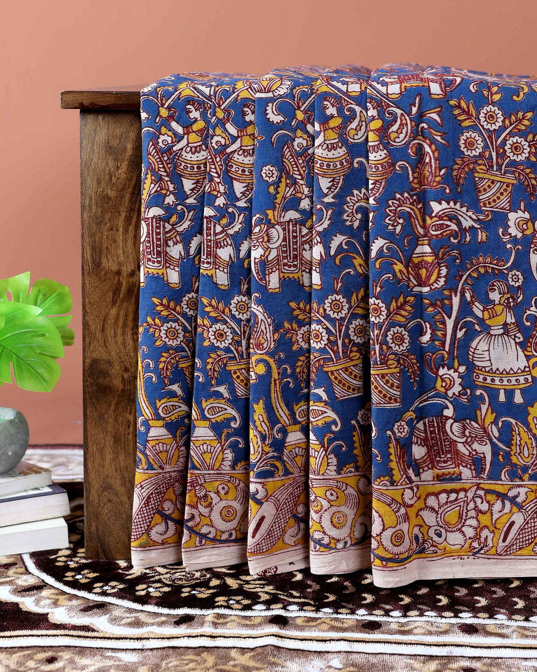 Traditional Kalamkari Cotton Saree with Elephant and Human Figure Motifs - Blue