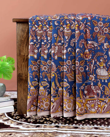 Traditional Kalamkari Cotton Saree with Elephant and Human Figure Motifs - Blue