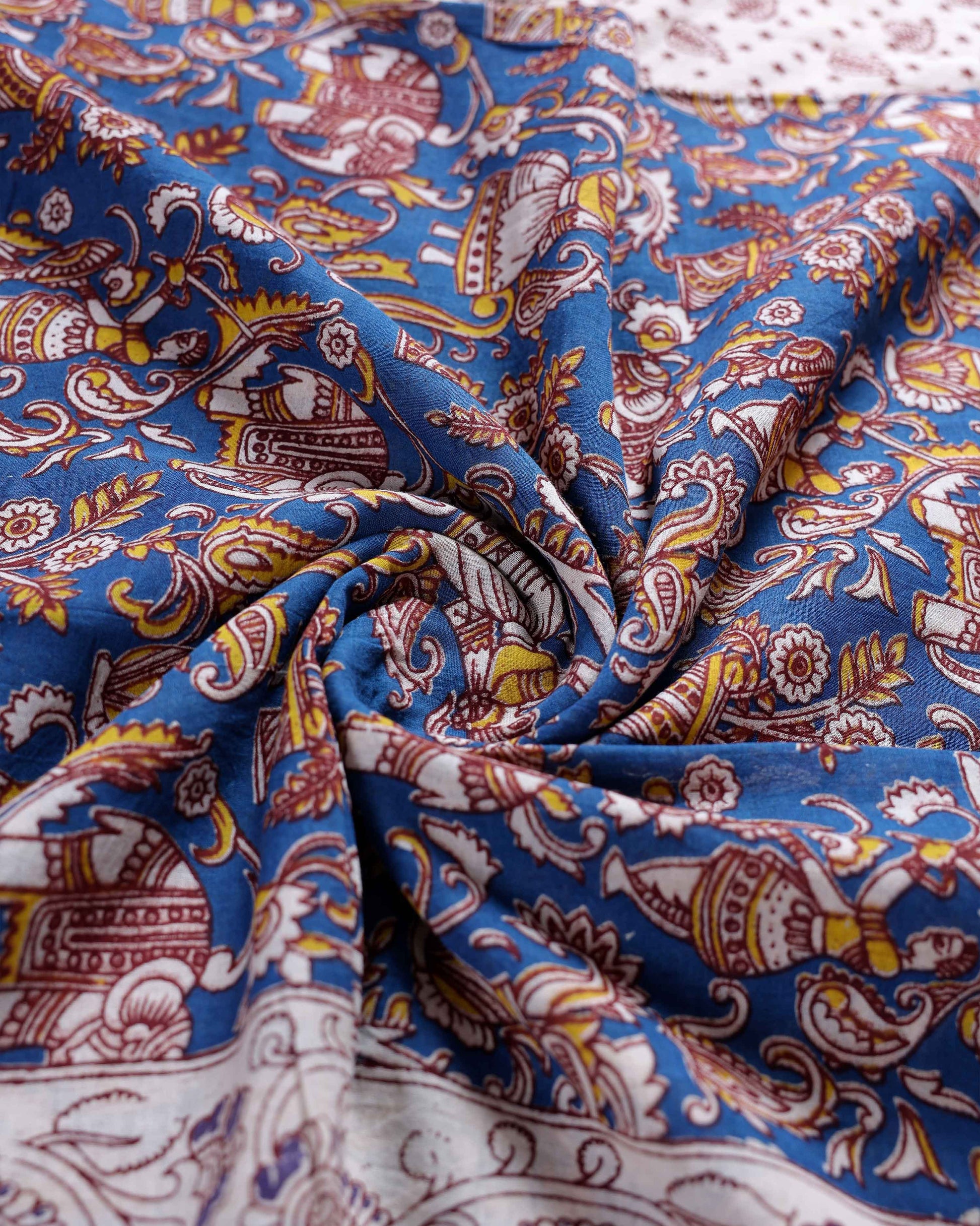 Traditional Kalamkari Cotton Saree with Elephant and Human Figure Motifs - Close