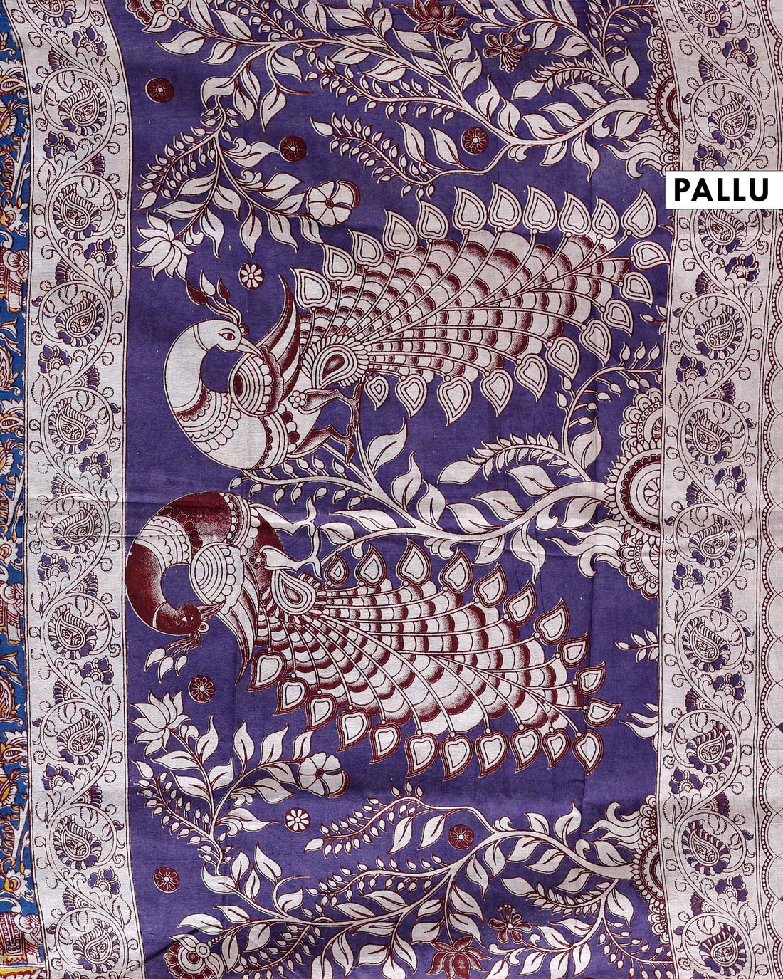 Traditional Kalamkari Cotton Saree with Elephant and Human Figure Motifs - Blue