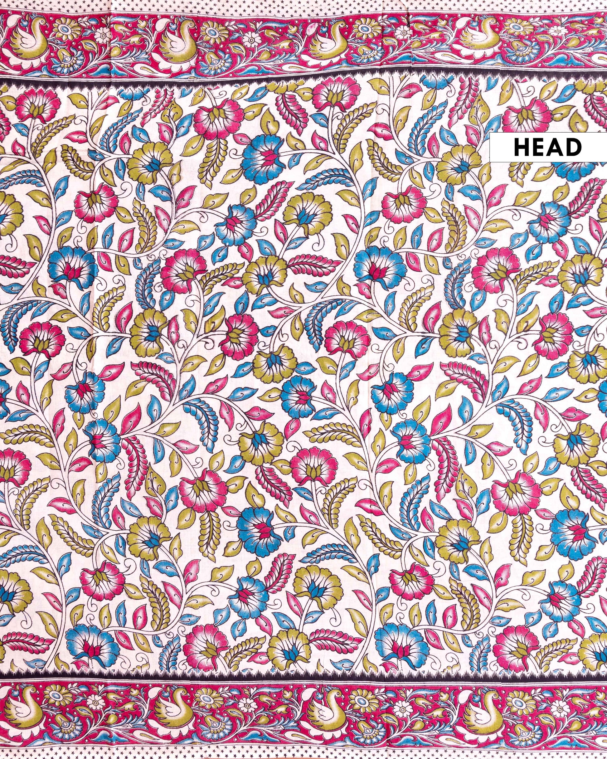 Traditional Kalamkari Cotton Saree with Floral and Avian Motifs - Cream