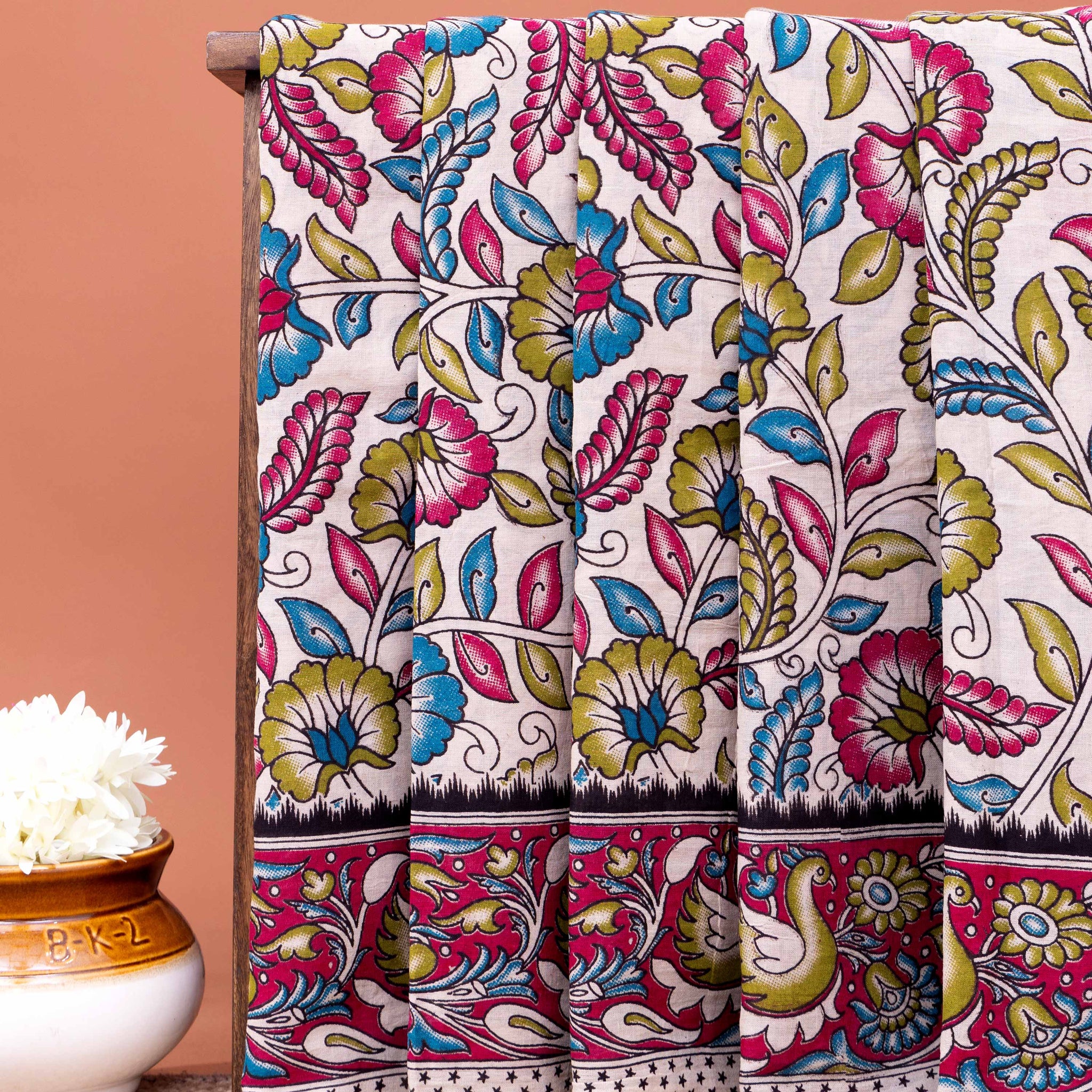 Traditional Kalamkari Cotton Saree with Floral and Avian Motifs - Cream