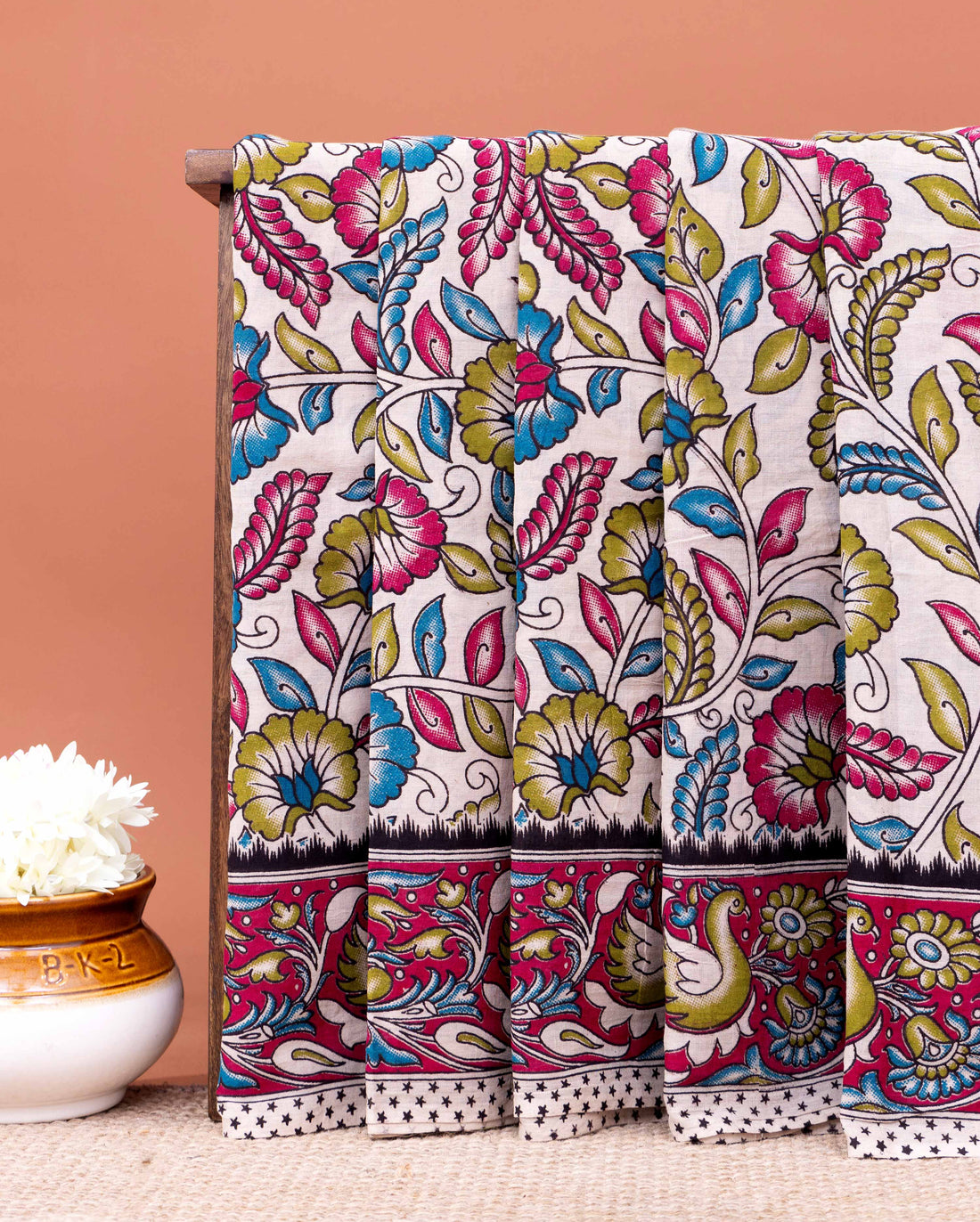 Traditional Kalamkari Cotton Saree with Floral and Avian Motifs - Cream