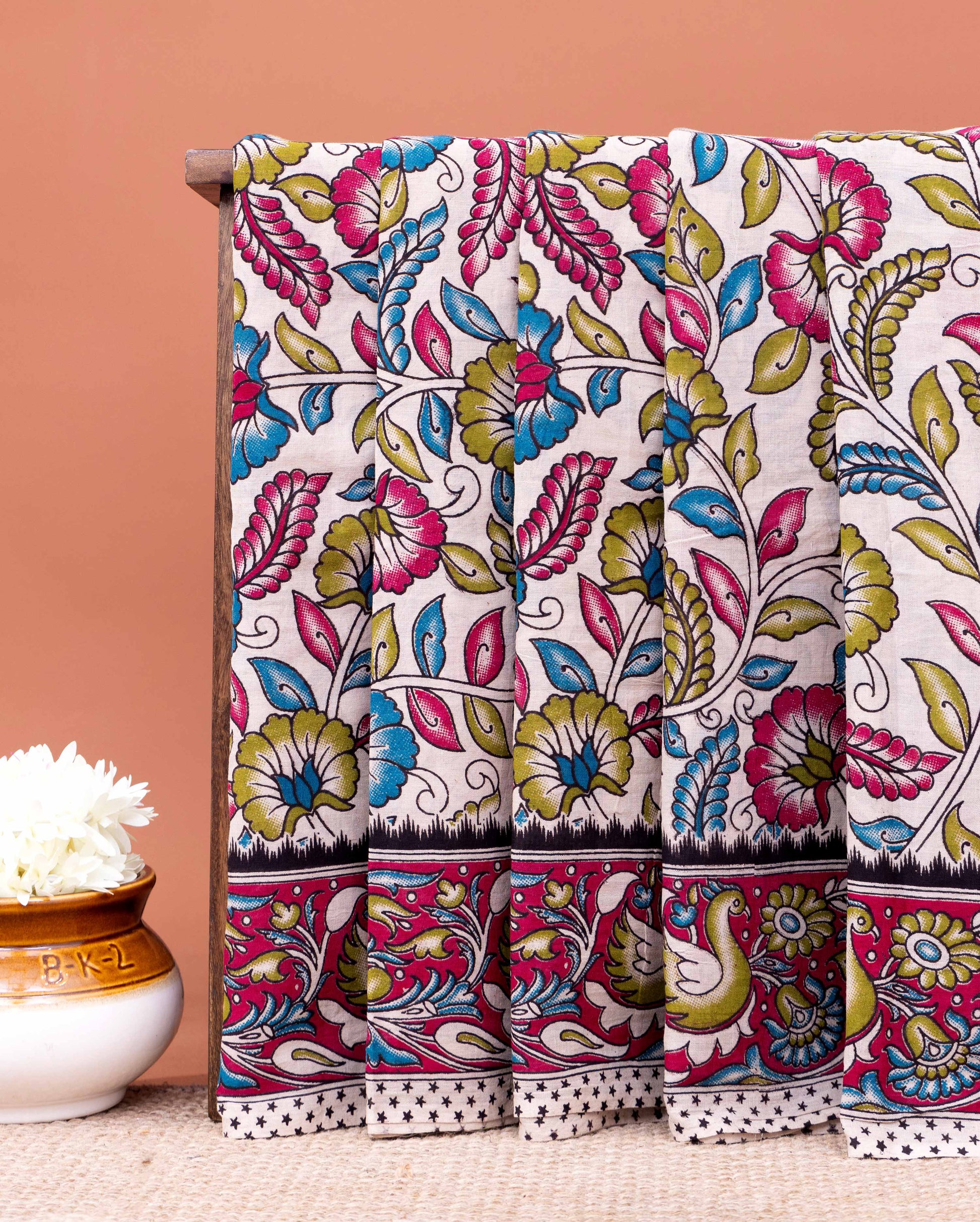 Traditional Kalamkari Cotton Saree with Floral and Avian Motifs - Cream