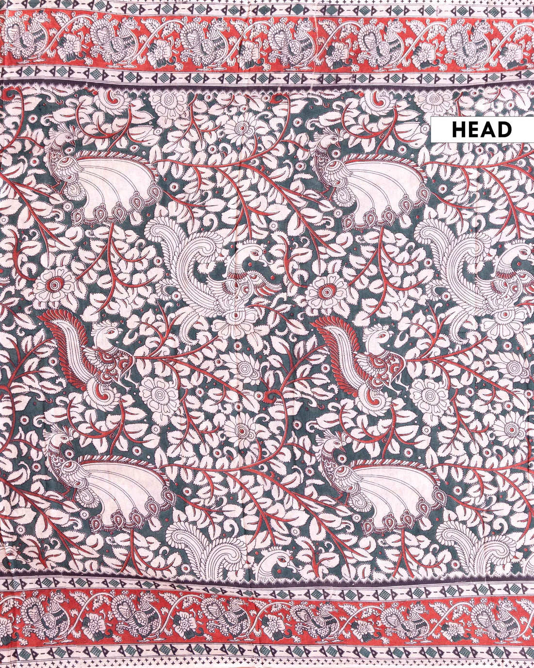 Traditional Kalamkari Cotton Saree with Folk-Bird and Floral Motifs - Dark Green