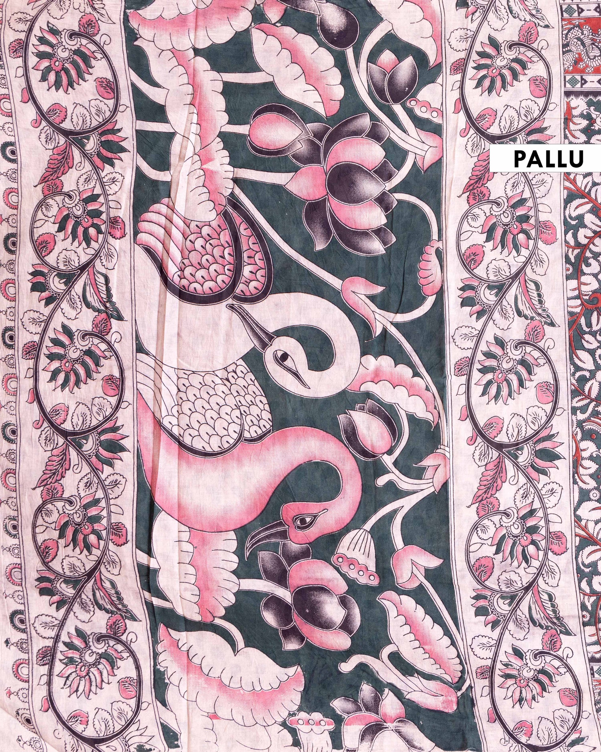 Traditional Kalamkari Cotton Saree with Folk-Bird and Floral Motifs - Dark Green