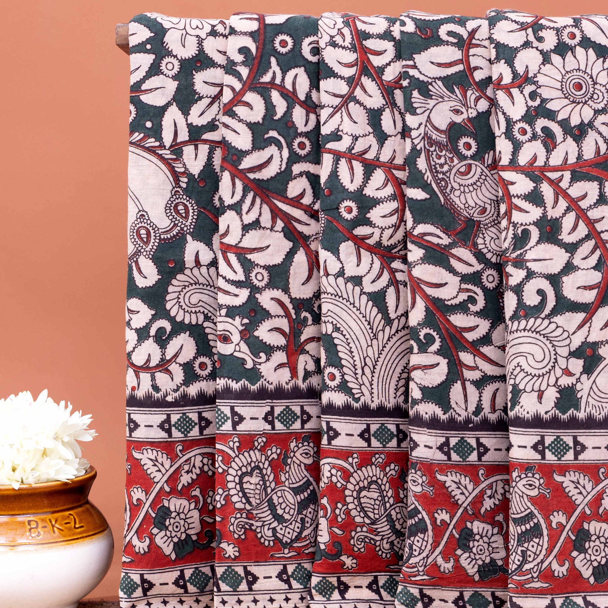 Traditional Kalamkari Cotton Saree with Folk-Bird and Floral Motifs - Dark Green